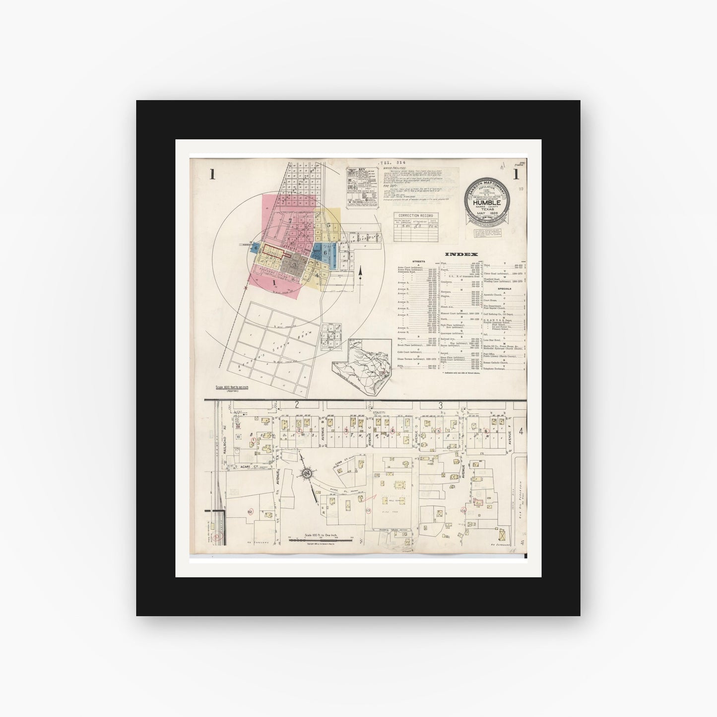Old map wall art mockup — black gallery frame with white mat — Sanborn Fire Insurance Map from Humble, Harris County, Texas (1940), Sheet #0001
