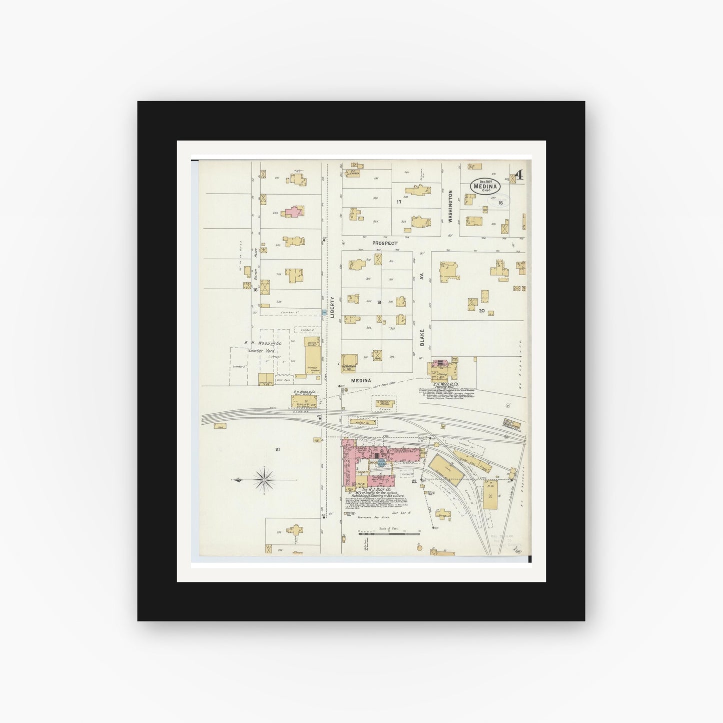 Old map wall art mockup — black gallery frame with white mat — Sanborn Fire Insurance Map from Medina, Medina County, Ohio (1897), Sheet #0004