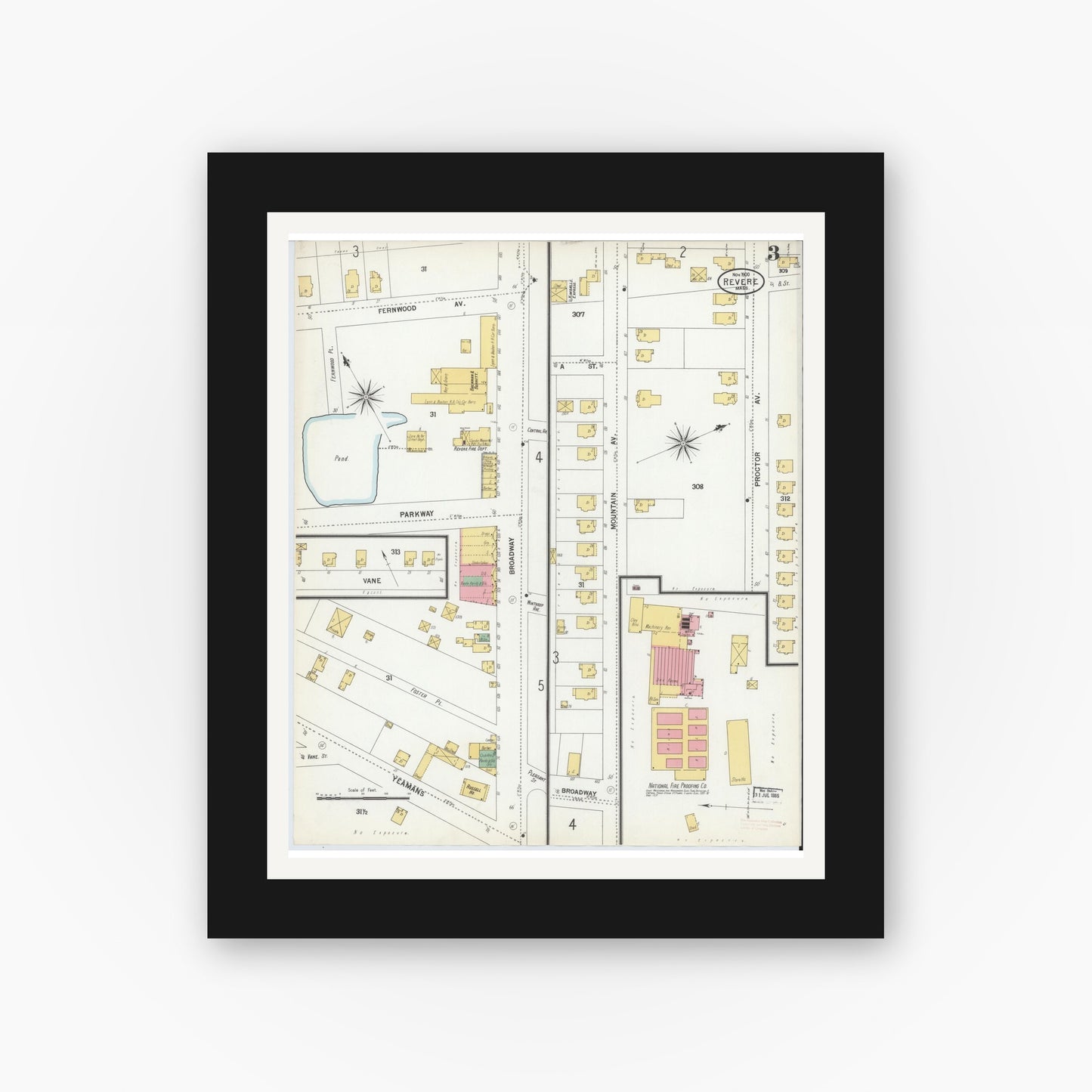 Old map wall art mockup — black gallery frame with white mat — Sanborn Fire Insurance Map from Revere, Suffolk County, Massachusetts (1900), Sheet #0003