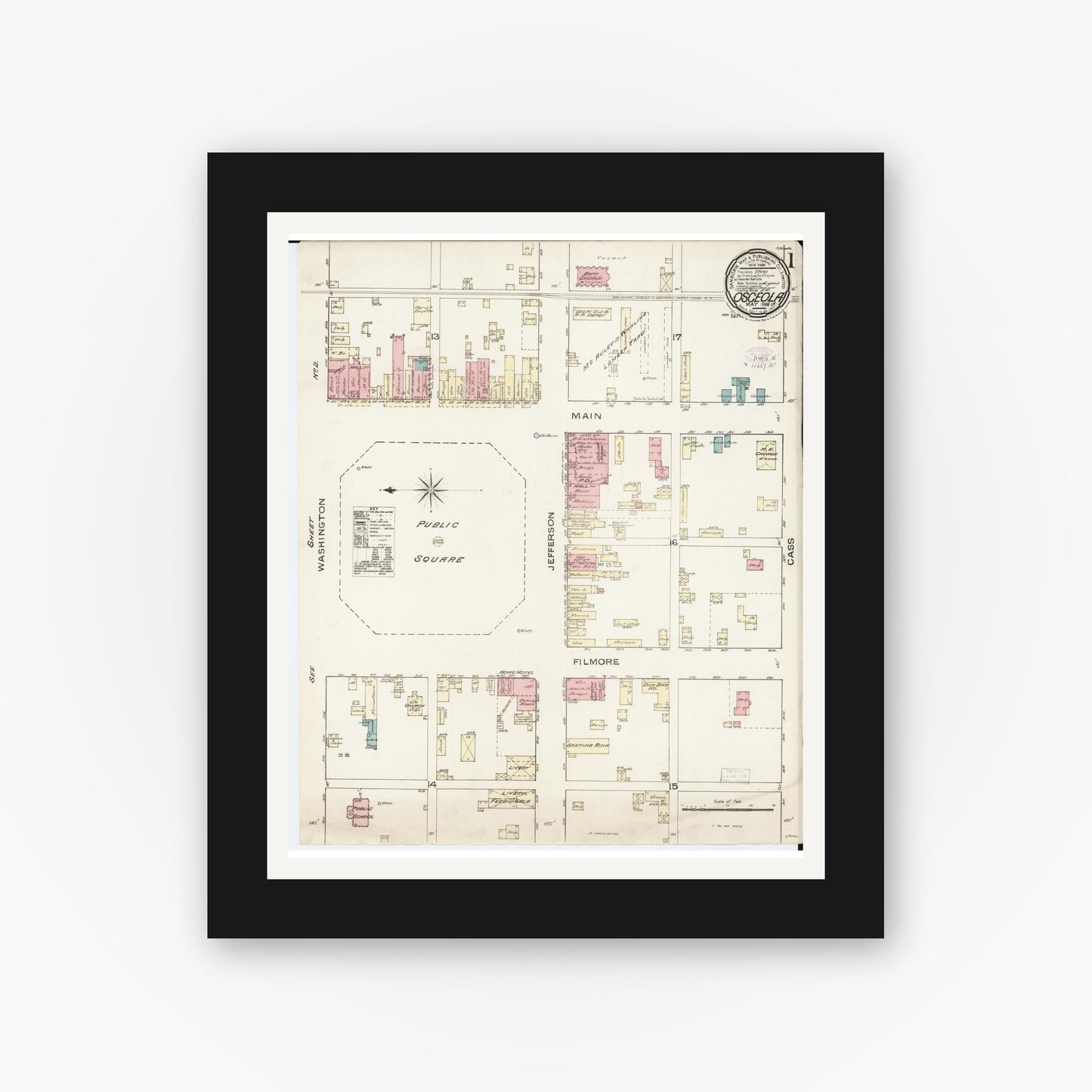 Old map wall art mockup — black gallery frame with white mat — Sanborn Fire Insurance Map from Osceola, Clarke County, Iowa (1886) — Complete Set
