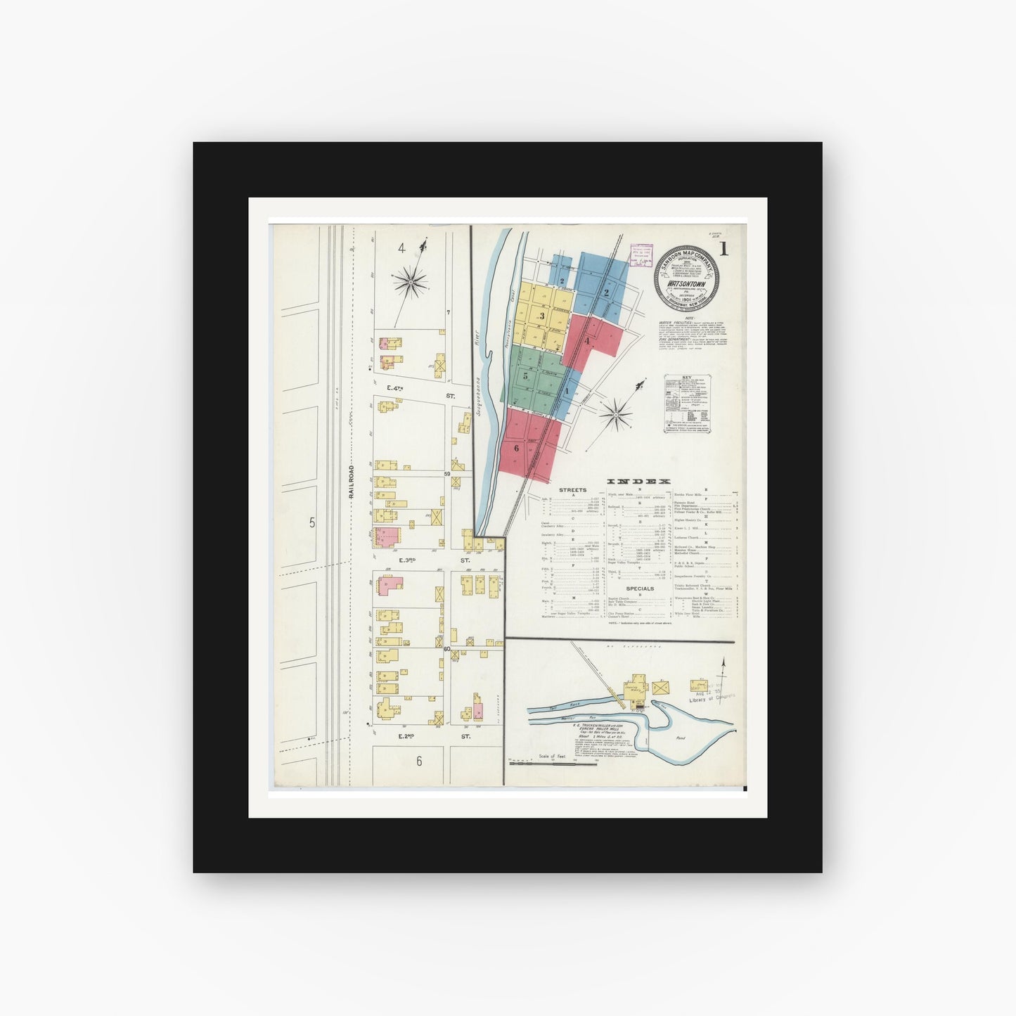 Old map wall art mockup — black gallery frame with white mat — Sanborn Fire Insurance Map from Watsontown, Northumberland County, Pennsylvania (1906) - Complete Map Set