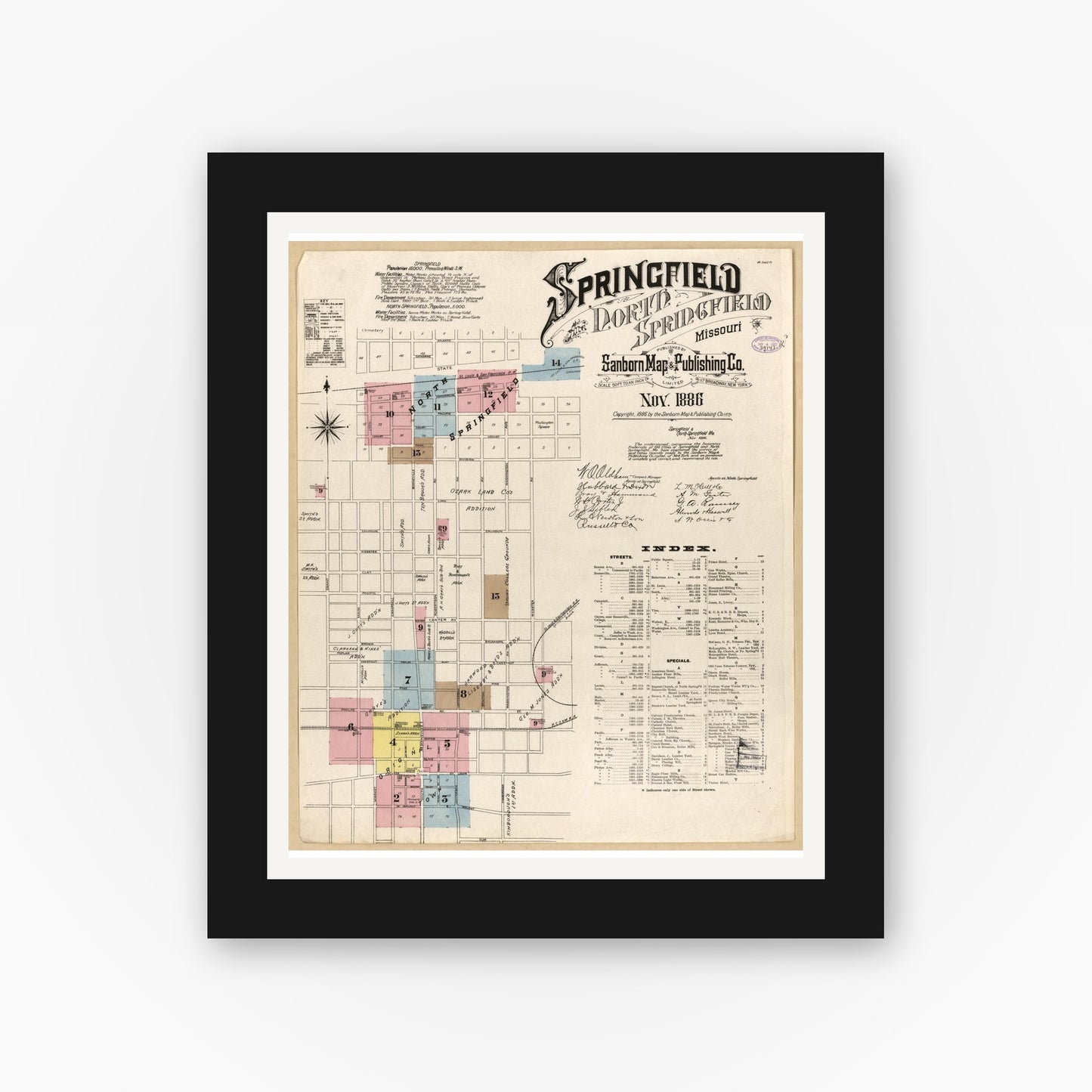 Old map wall art mockup — black gallery frame with white mat — Sanborn Fire Insurance Map from Springfield, Greene County, Missouri (1886), Sheet #0001