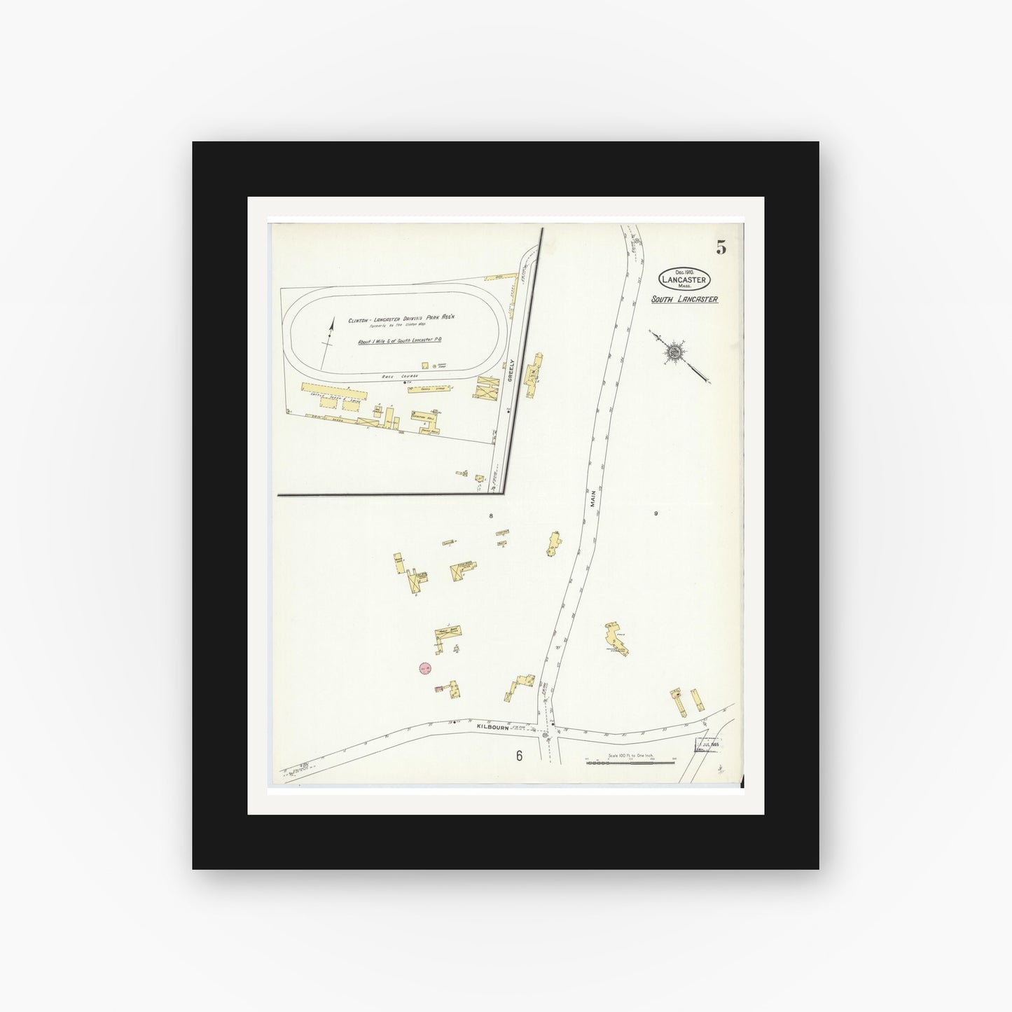 Old map wall art mockup — black gallery frame with white mat — Sanborn Fire Insurance Map from Lancaster, Worcester County, Massachusetts (1910), Sheet #0005