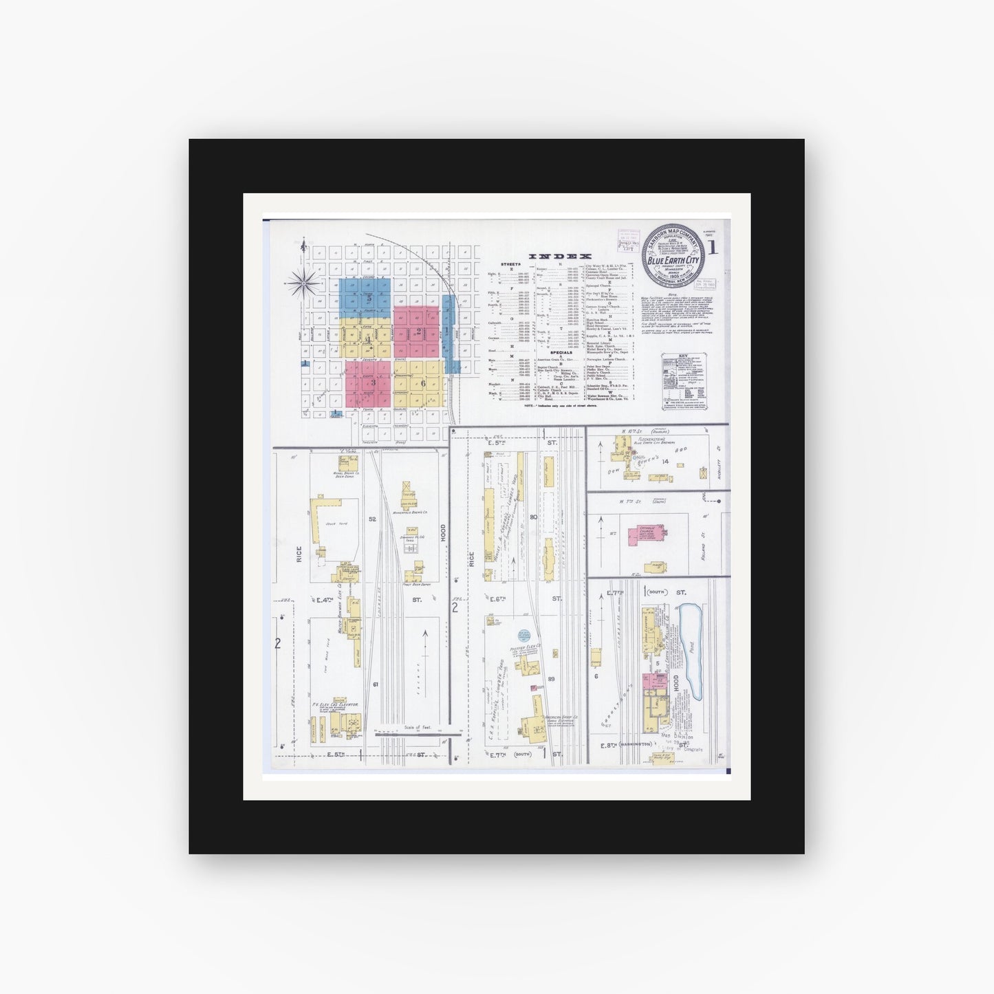 Old map wall art mockup — black gallery frame with white mat — Sanborn Fire Insurance Map from Blue Earth, Faribault County, Minnesota (1905), Sheet #0001