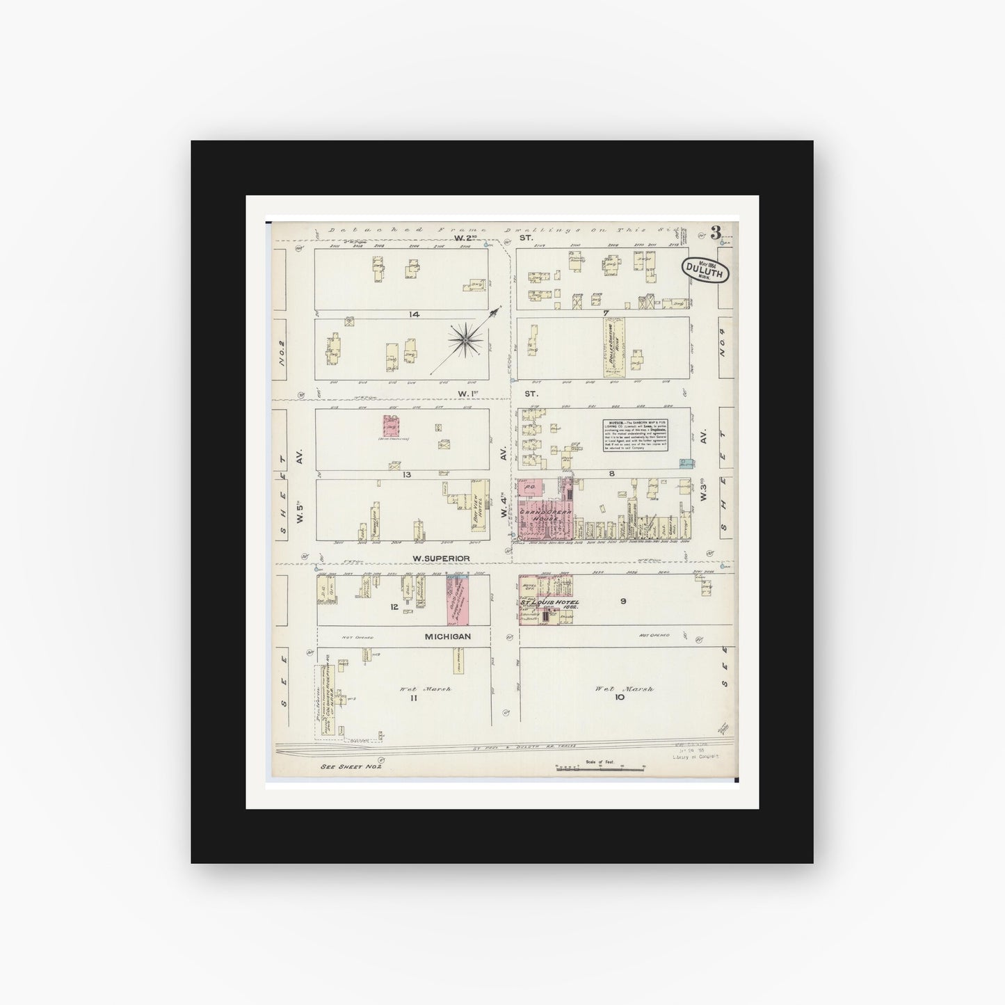 Old map wall art mockup — black gallery frame with white mat — Sanborn Fire Insurance Map from Duluth, Saint Louis County, Minnesota (1884), Sheet #0003
