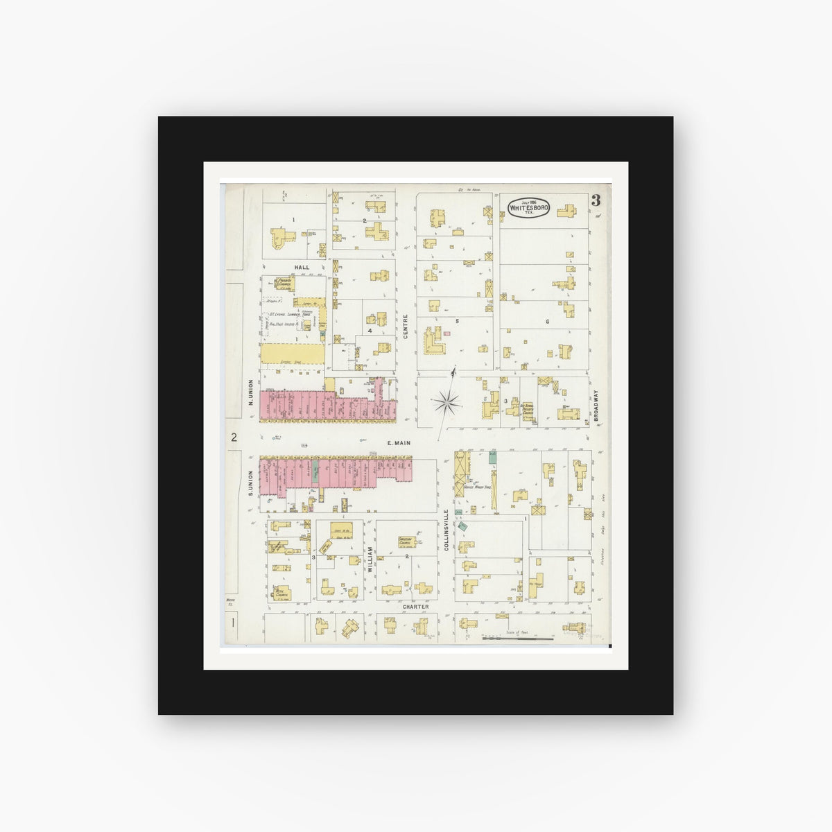 Old map wall art mockup — black gallery frame with white mat — Sanborn Fire Insurance Map from Whitesboro, Grayson County, Texas (1896), Sheet #0003