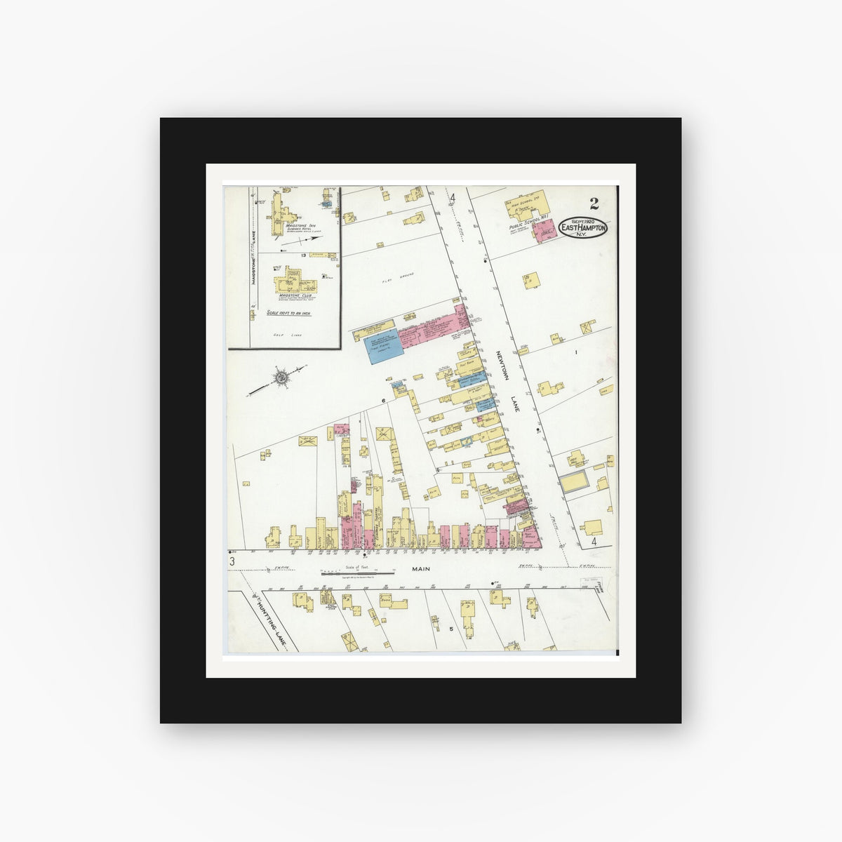 Old map wall art mockup — black gallery frame with white mat — Sanborn Fire Insurance Map from Easthampton, Suffolk County, New York (1920), Sheet #0002