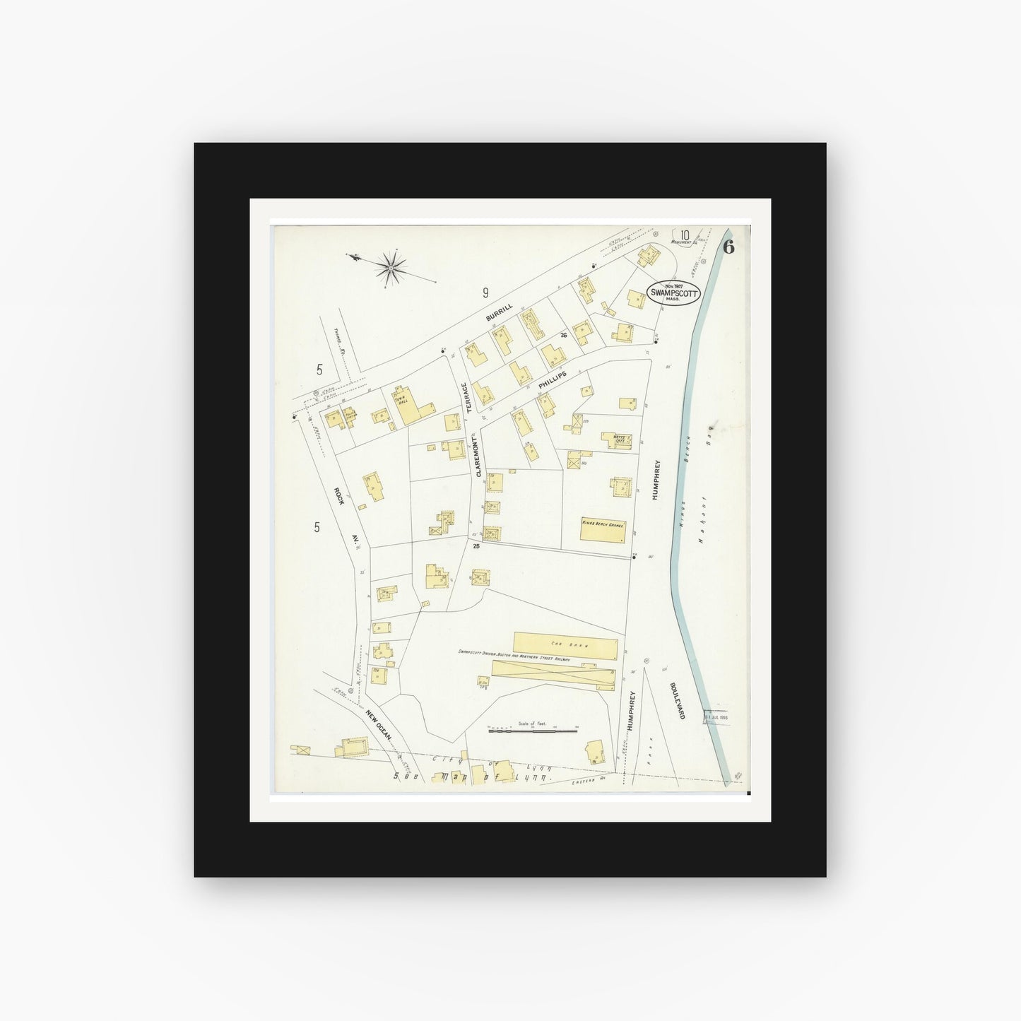 Old map wall art mockup — black gallery frame with white mat — Sanborn Fire Insurance Map from Swampscott, Essex County, Massachusetts (1907), Sheet #0006