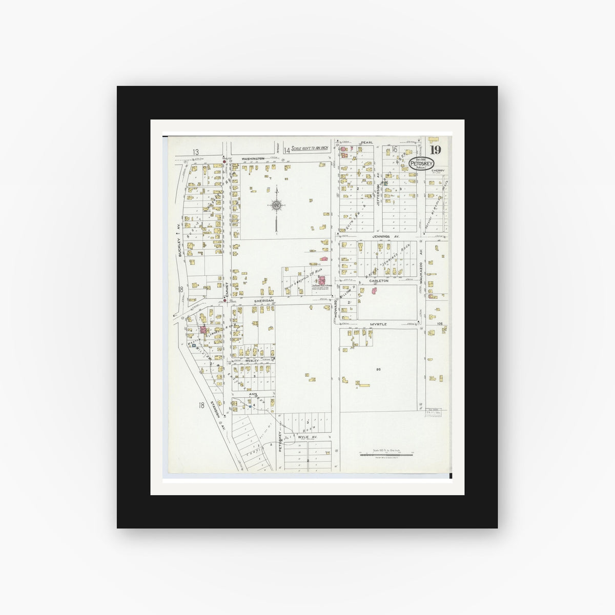 Old map wall art mockup — black gallery frame with white mat — Sanborn Fire Insurance Map from Petoskey, Emmet County, Michigan (1919), Sheet #0019