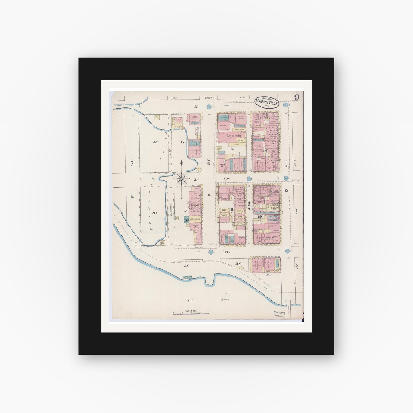 Old map wall art mockup — black gallery frame with white mat — Sanborn Fire Insurance Map from Marysville, Yuba County, California (1885), Sheet #0009