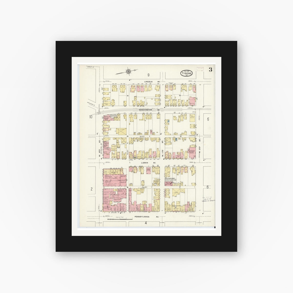 Old map wall art mockup — black gallery frame with white mat — Sanborn Fire Insurance Map from Tyrone, Blair County, Pennsylvania (1911), Sheet #0003