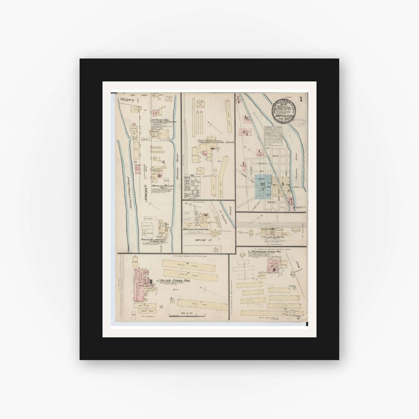 Old map wall art mockup — black gallery frame with white mat — Sanborn Fire Insurance Map from Napoleon, Henry County, Ohio (1884), Sheet #0001