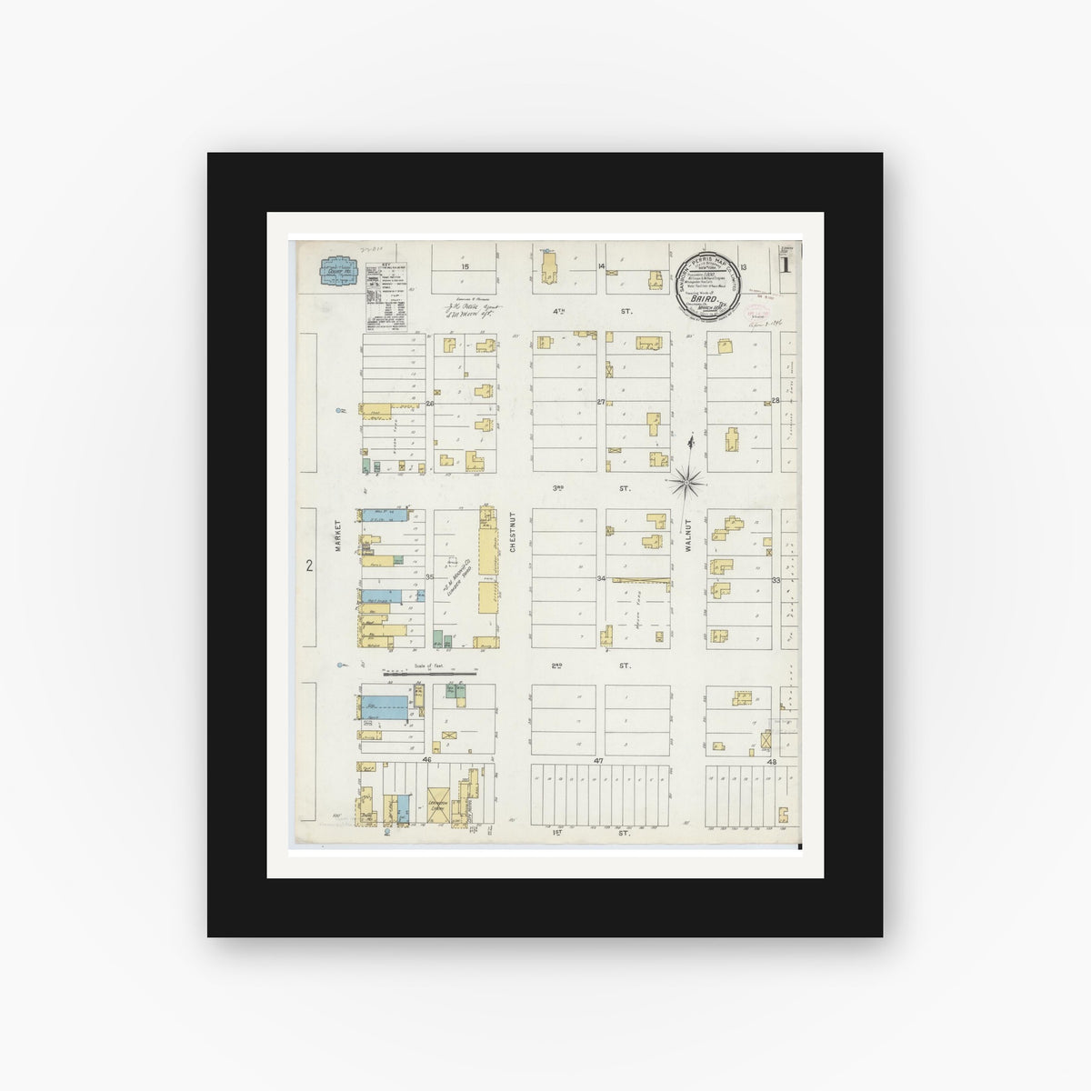 Old map wall art mockup — black gallery frame with white mat — Sanborn Fire Insurance Map from Baird, Callahan County, Texas (1896), Sheet #0001