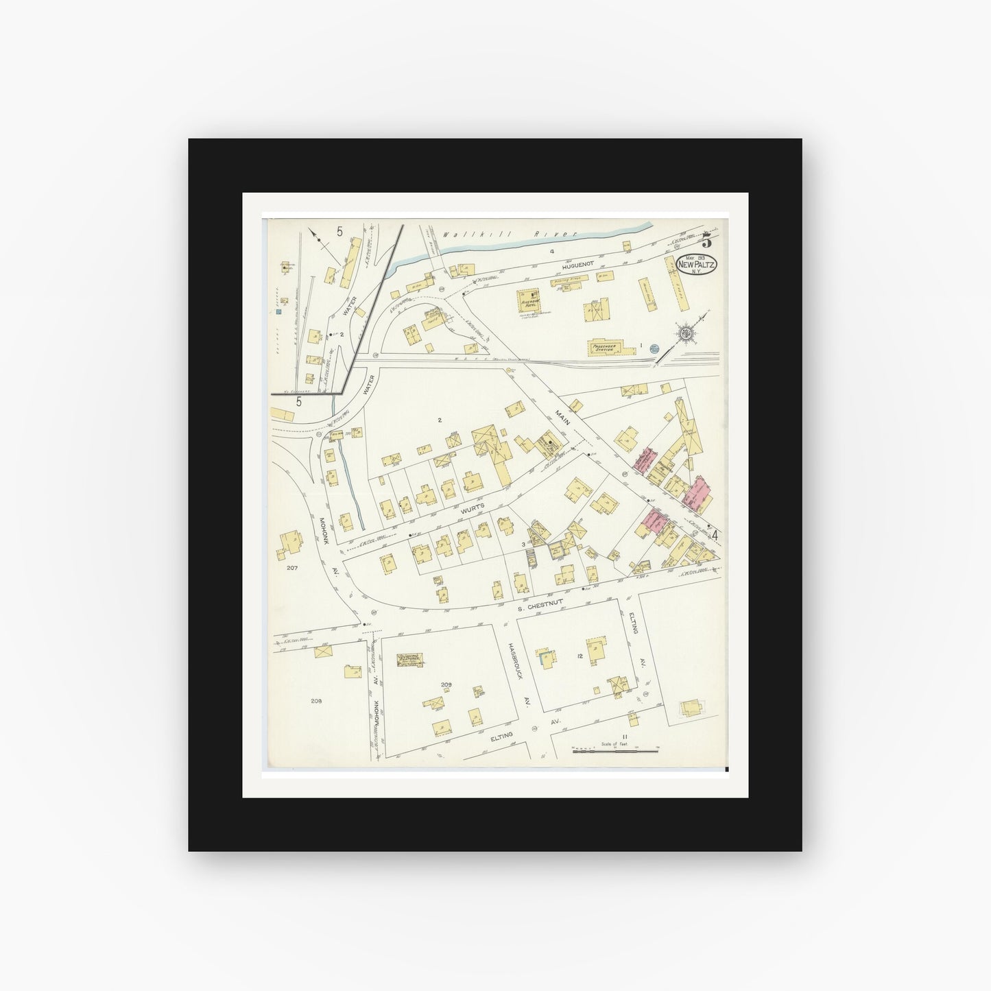 Old map wall art mockup — black gallery frame with white mat — Sanborn Fire Insurance Map from New Paltz, Ulster County, New York (1913), Sheet #0005