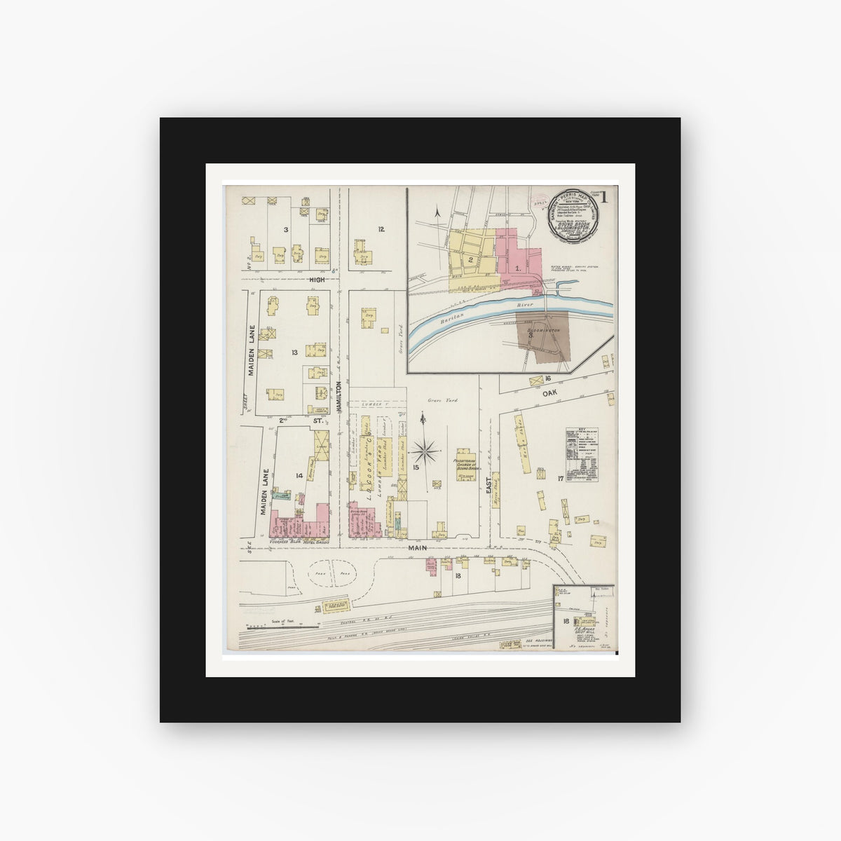 Old map wall art mockup — black gallery frame with white mat — Sanborn Fire Insurance Map from Bound Brook, Somerset County, New Jersey (1890), Sheet #0001