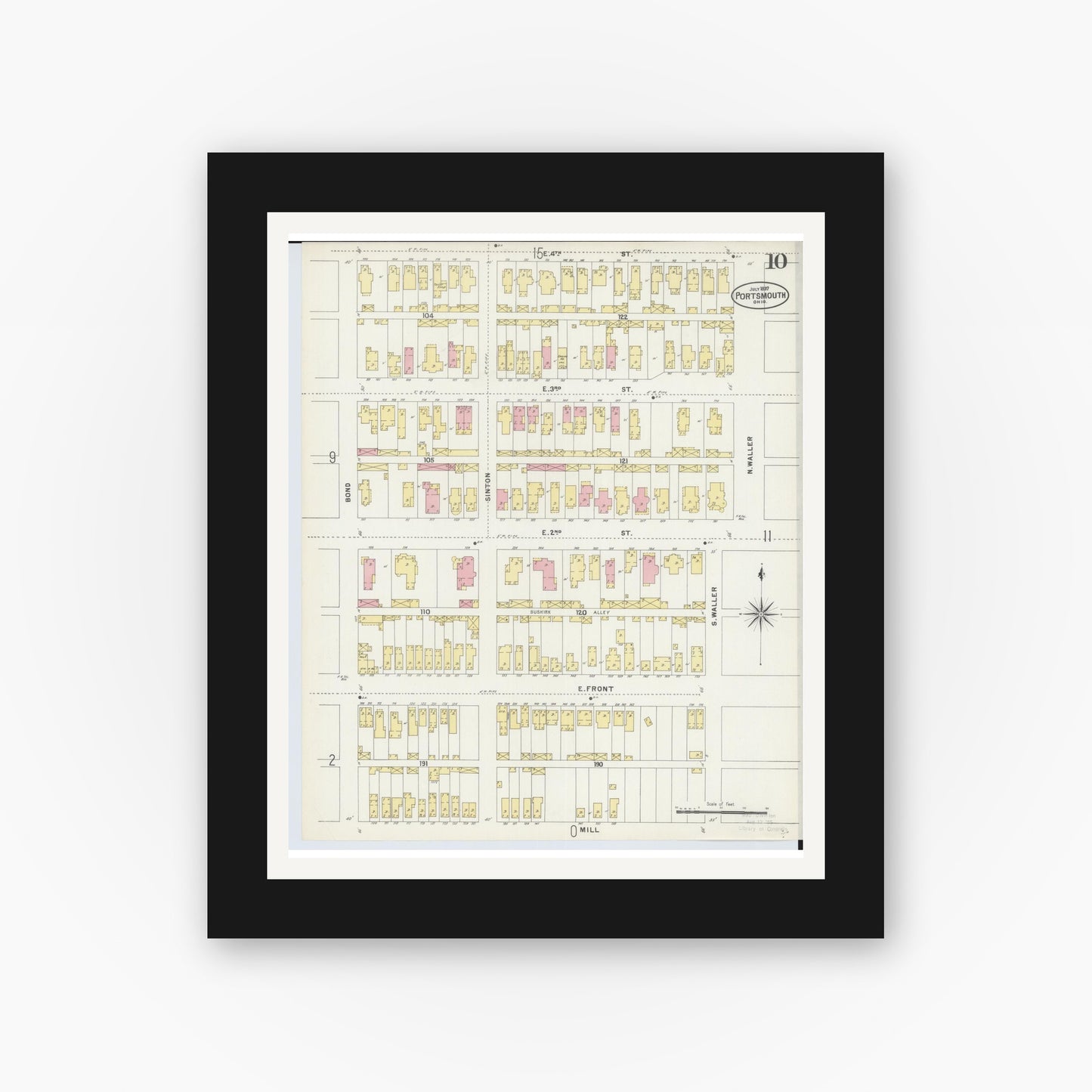 Old map wall art mockup — black gallery frame with white mat — Sanborn Fire Insurance Map from Portsmouth, Scioto County, Ohio (1897), Sheet #0010
