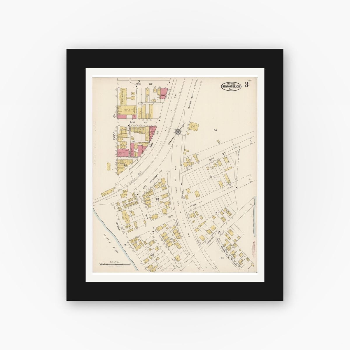 Old map wall art mockup — black gallery frame with white mat — Sanborn Fire Insurance Map from Newport Beach, Orange County, California (1922), Sheet #0003