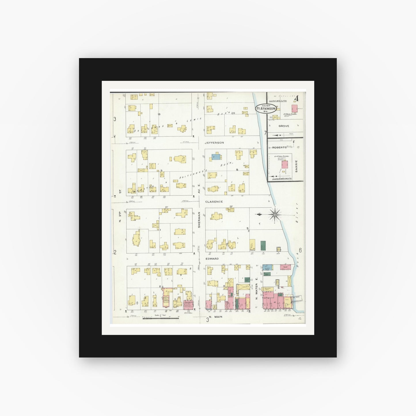 Old map wall art mockup — black gallery frame with white mat — Sanborn Fire Insurance Map from Fort Atkinson, Jefferson County, Wisconsin (1909), Sheet #0004