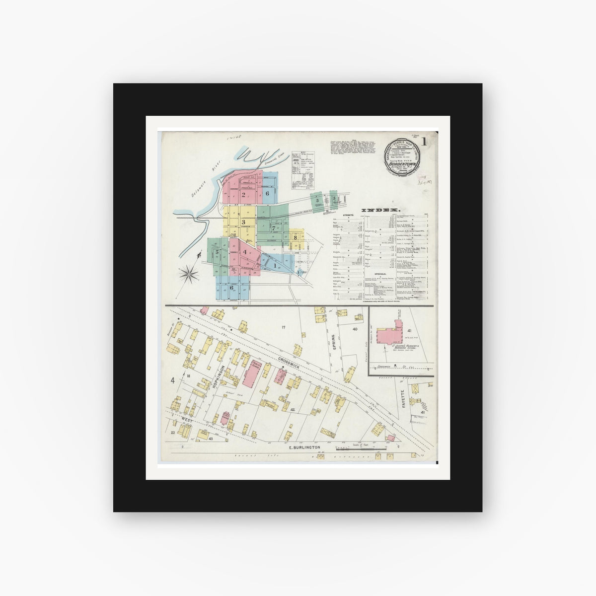 Old map wall art mockup — black gallery frame with white mat — Sanborn Fire Insurance Map from Bordentown, Burlington County, New Jersey (1897), Sheet #0001