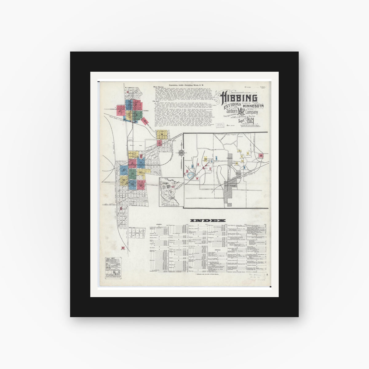 Old map wall art mockup — black gallery frame with white mat — Sanborn Fire Insurance Map from Hibbing, Saint Louis County, Minnesota (1921), Sheet #0001