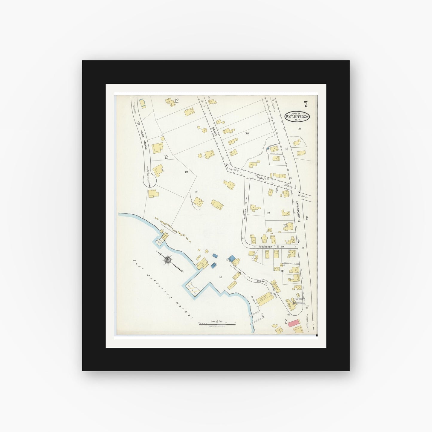 Old map wall art mockup — black gallery frame with white mat — Sanborn Fire Insurance Map from Port Jefferson, Suffolk County, New York (1917), Sheet #0007