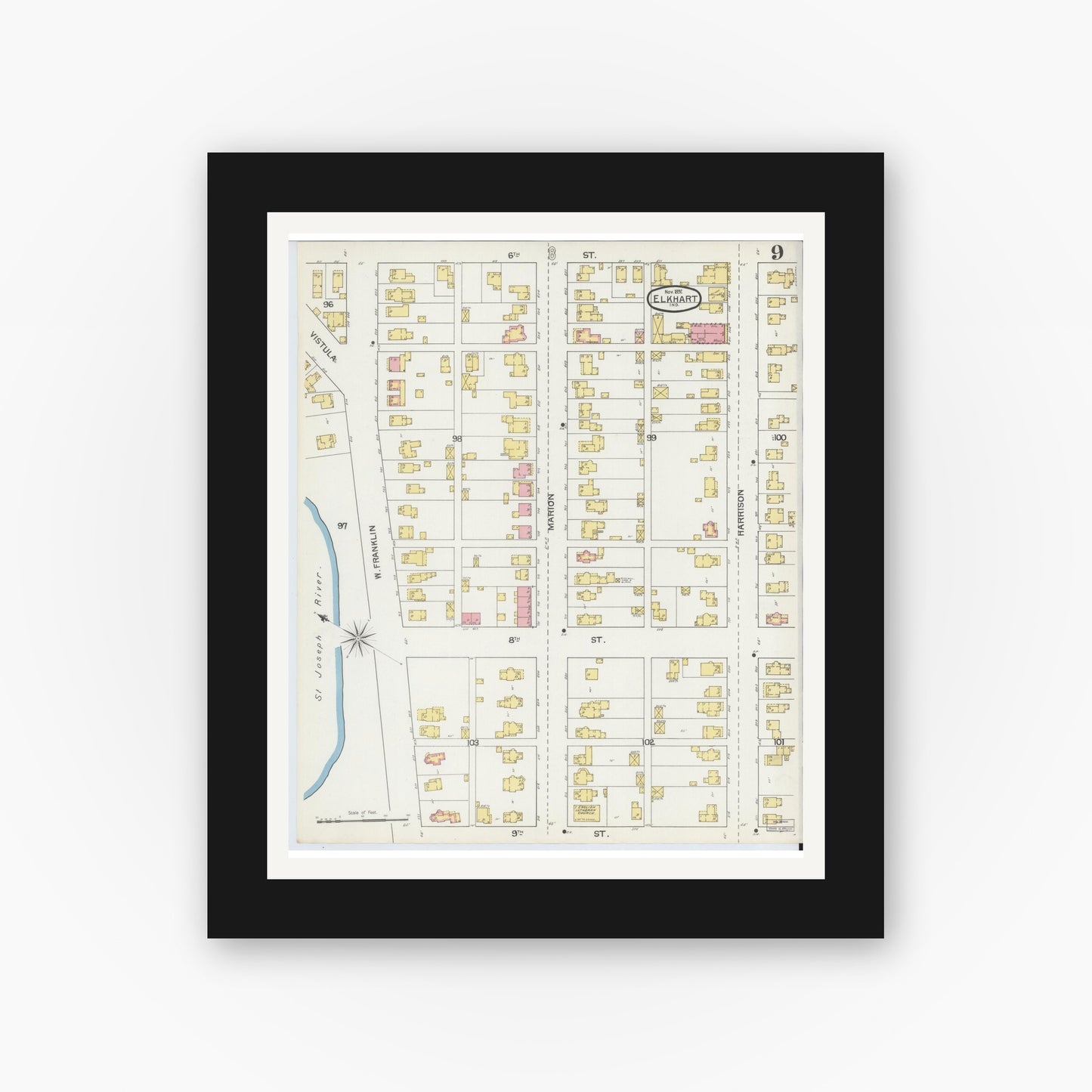 Old map wall art mockup — black gallery frame with white mat — Sanborn Fire Insurance Map from Elkhart, Elkhart County, Indiana (1892), Sheet #0009