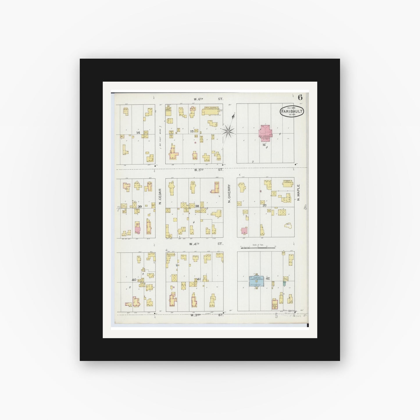 Old map wall art mockup — black gallery frame with white mat — Sanborn Fire Insurance Map from Faribault, Rice County, Minnesota (1893), Sheet #0006