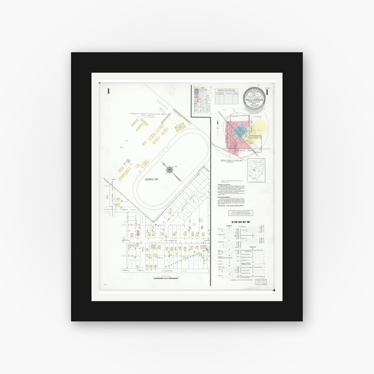 Old map wall art mockup β black gallery frame with white mat β Sanborn Fire Insurance Map from Hilliards, Franklin County, Ohio (1946) - Complete Map Set