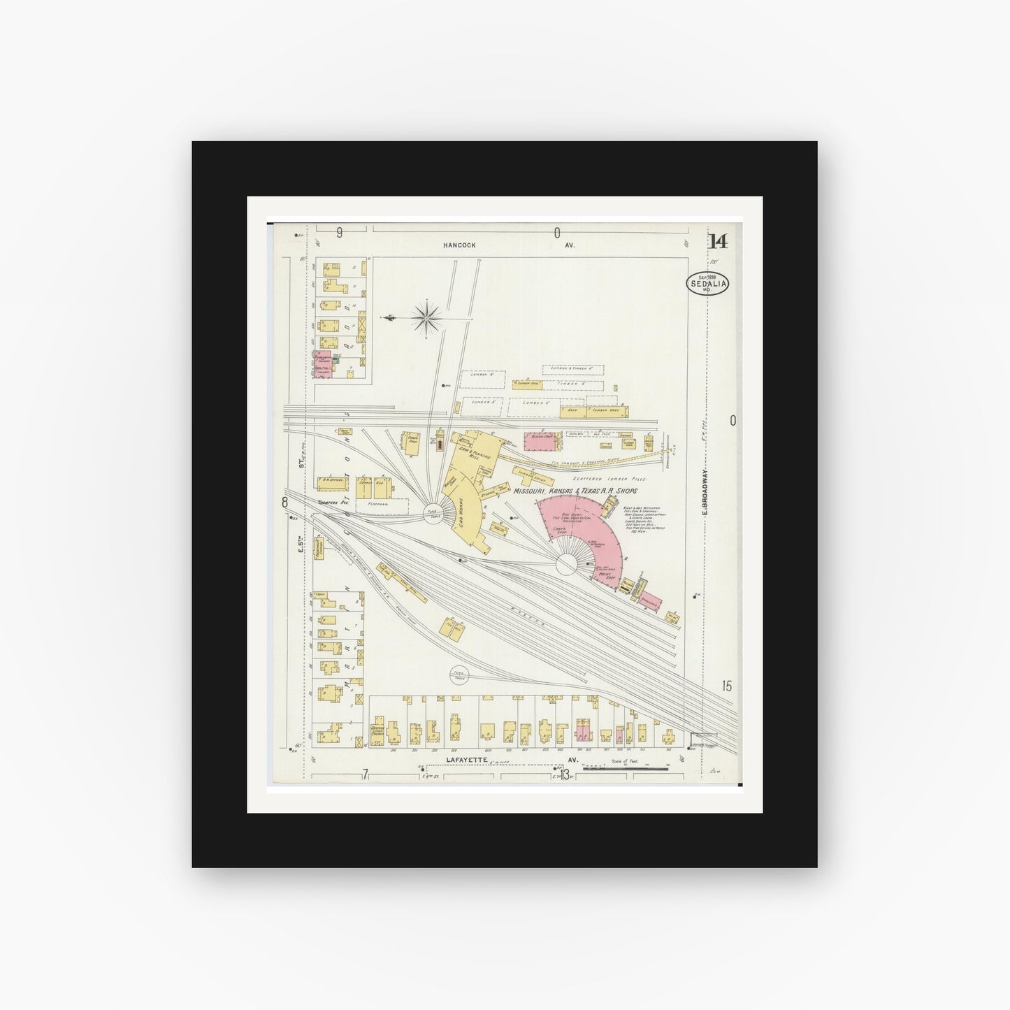 Old map wall art mockup — black gallery frame with white mat — Sanborn Fire Insurance Map from Sedalia, Pettis County, Missouri (1898), Sheet #0014