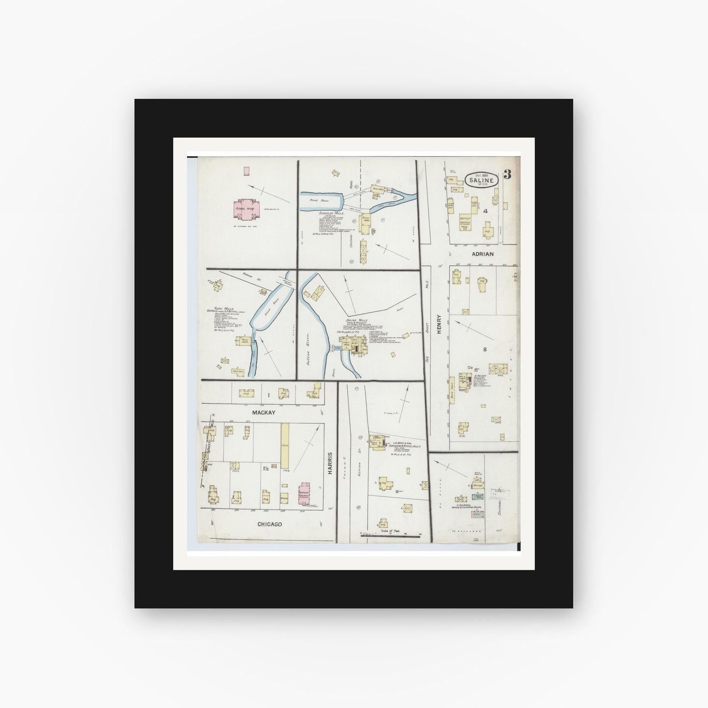 Old map wall art mockup — black gallery frame with white mat — Sanborn Fire Insurance Map from Saline, Washtenaw County, Michigan (1888), Sheet #0003