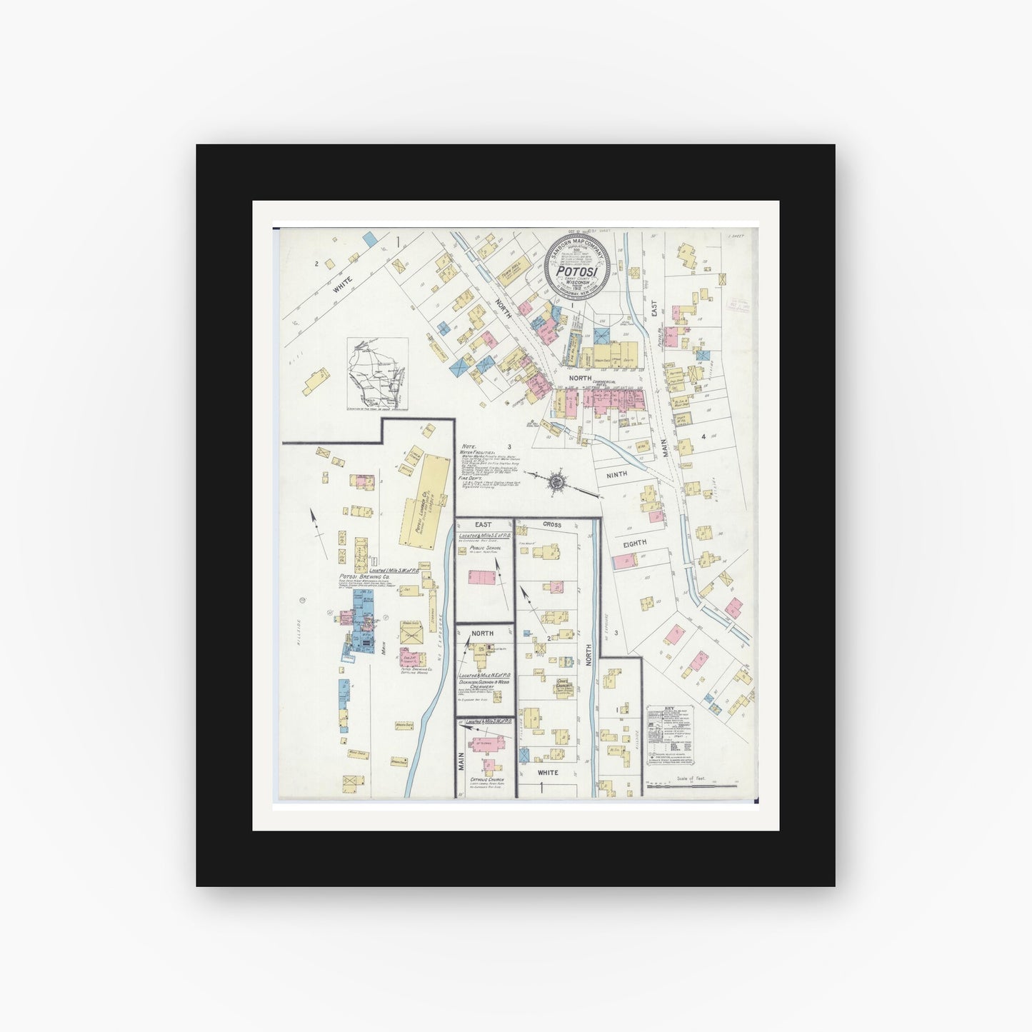 Old map wall art mockup — black gallery frame with white mat — Sanborn Fire Insurance Map from Potosi, Grant County, Wisconsin (1912), Sheet #0001