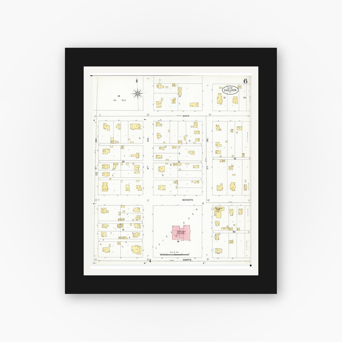 Old map wall art mockup — black gallery frame with white mat — Sanborn Fire Insurance Map from Sheldon, O'Brien County, Iowa (1901), Sheet #0006