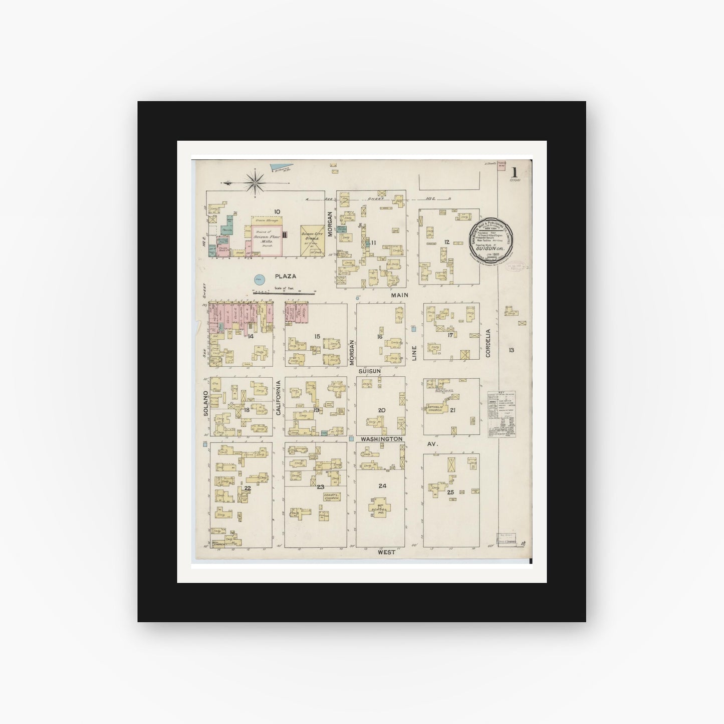 Old map wall art mockup — black gallery frame with white mat — Sanborn Fire Insurance Map from Suisun, Solano County, California (1888) - Complete Map Set