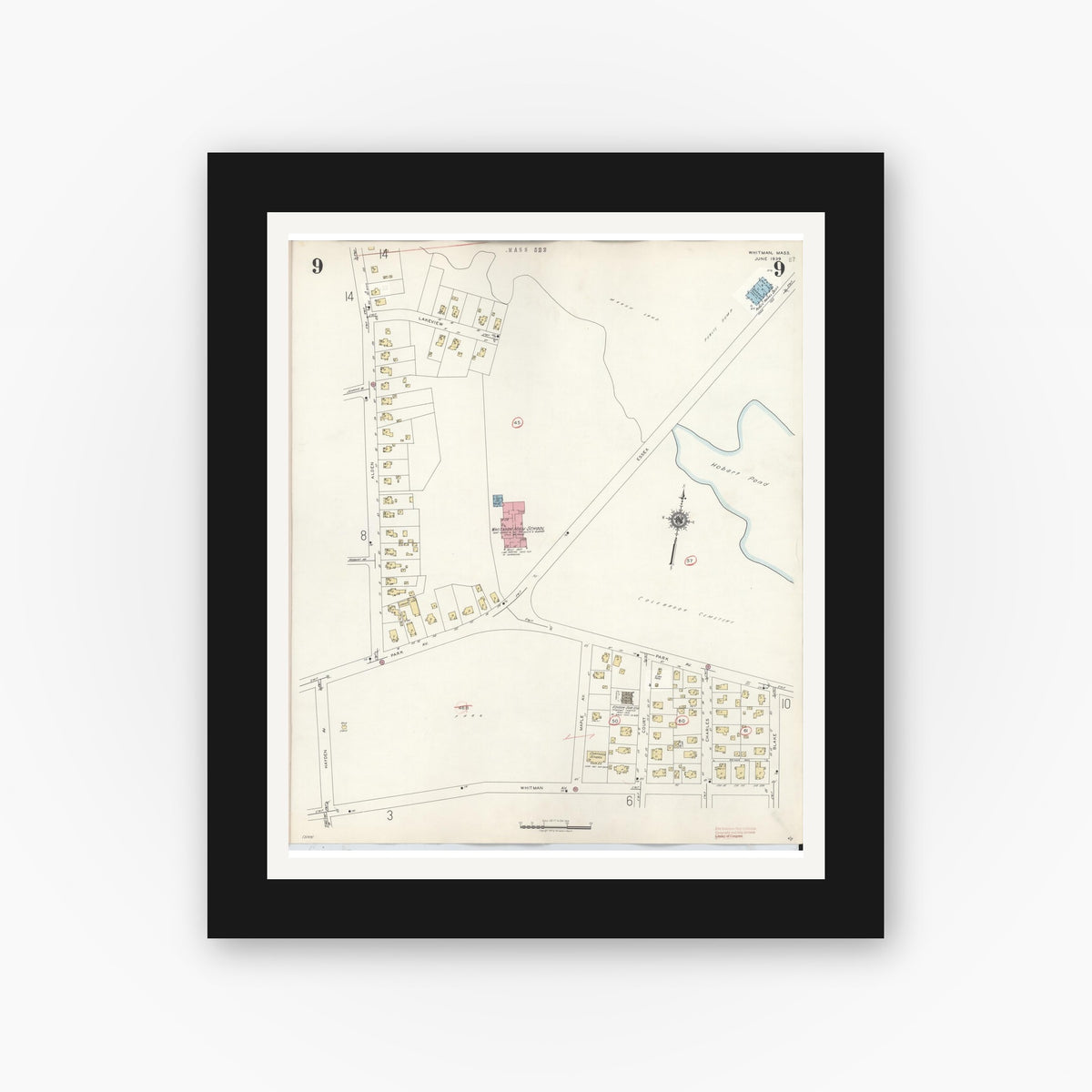 Old map wall art mockup — black gallery frame with white mat — Sanborn Fire Insurance Map from Whitman, Plymouth County, Massachusetts (1950), Sheet #0009