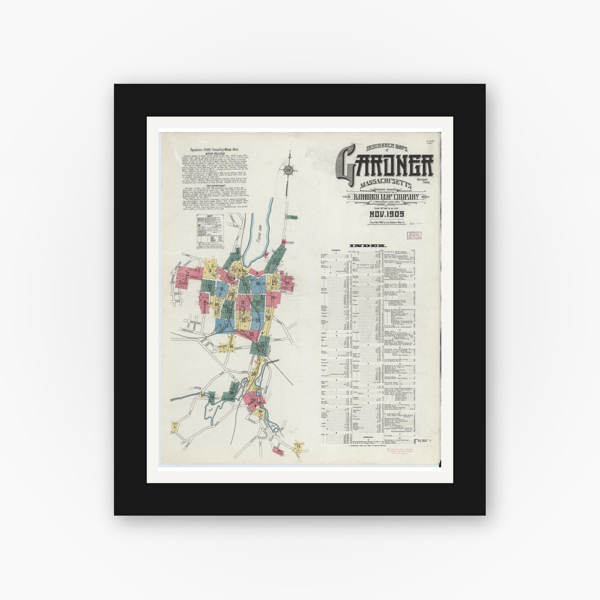 Old map wall art mockup — black gallery frame with white mat — Sanborn Fire Insurance Map from Gardner, Worcester County, Massachusetts (1909), Sheet #0001