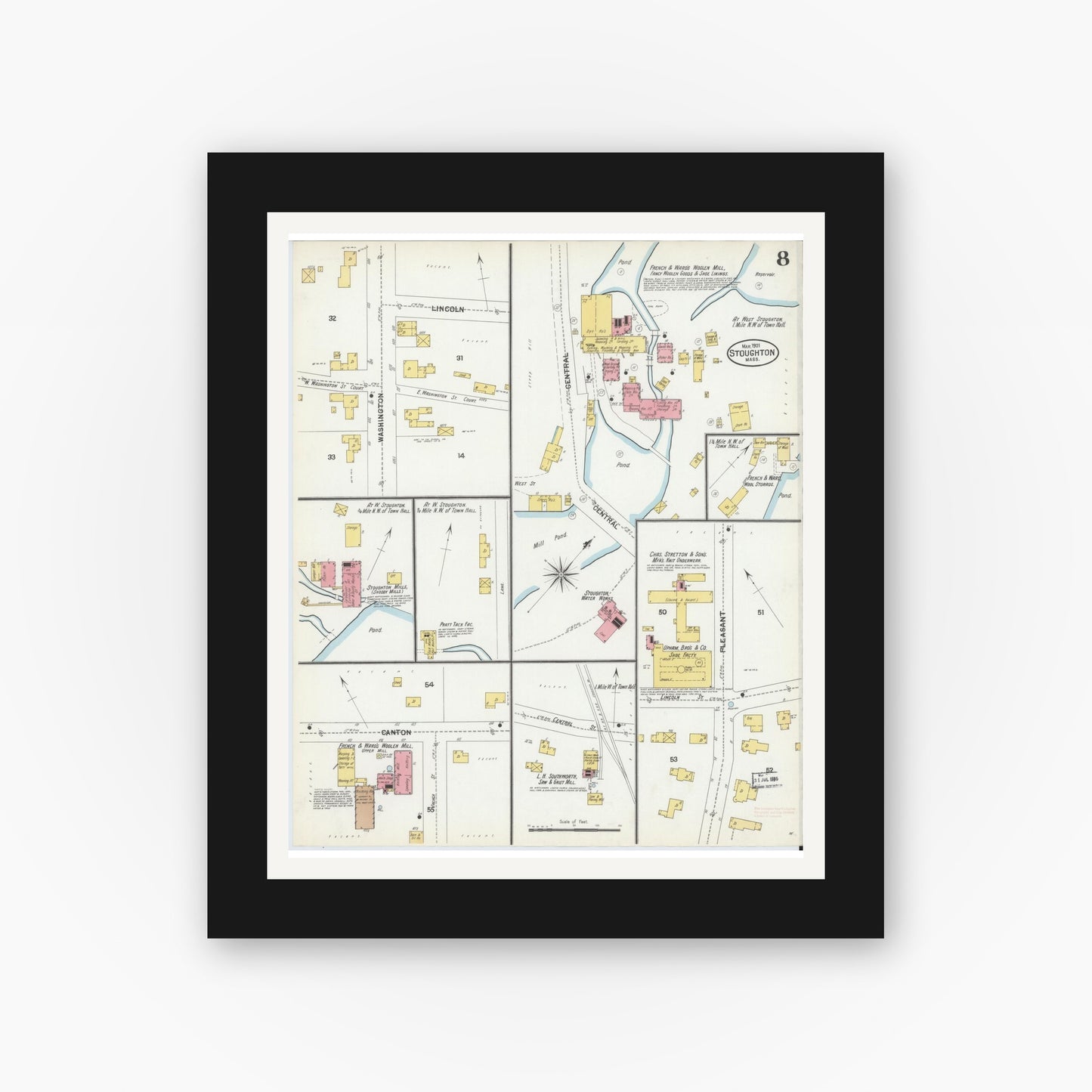 Old map wall art mockup — black gallery frame with white mat — Sanborn Fire Insurance Map from Stoughton, Norfolk County, Massachusetts (1901), Sheet #0008