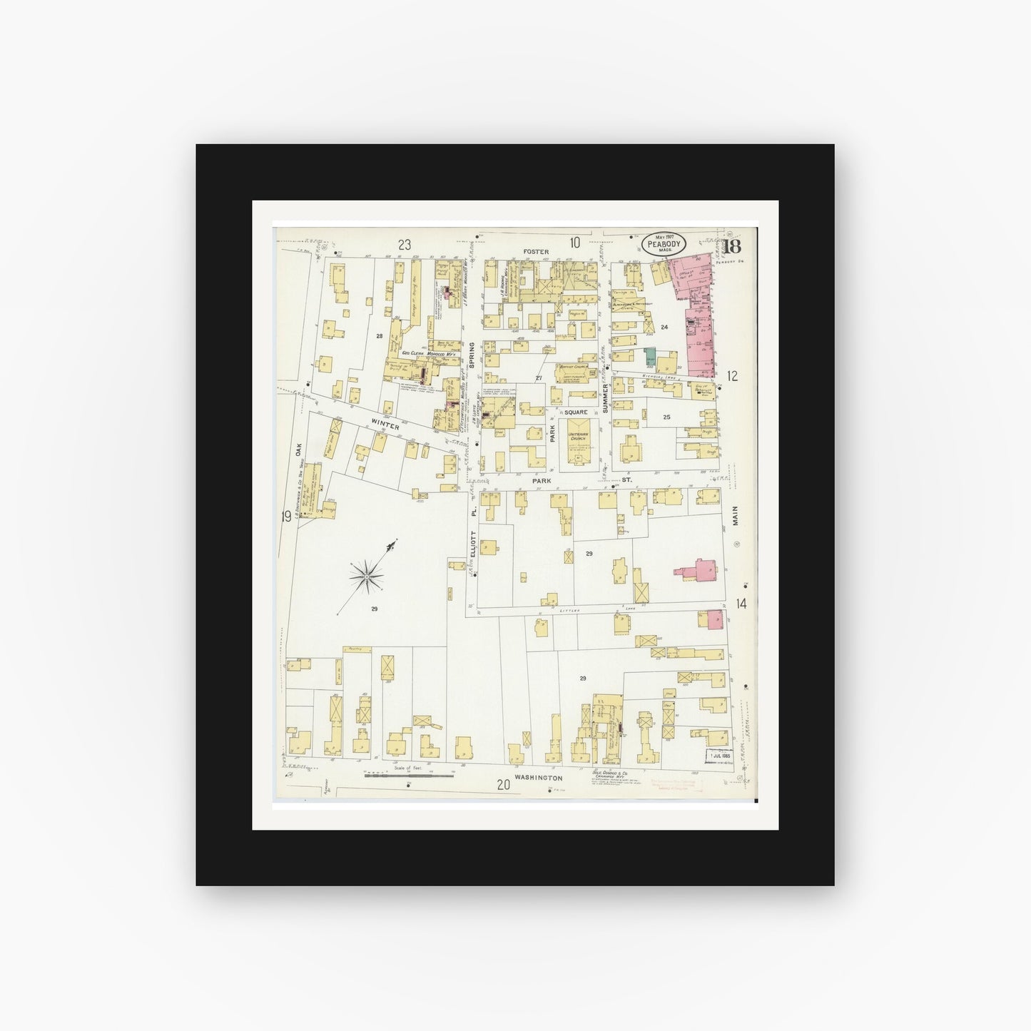 Old map wall art mockup — black gallery frame with white mat — Sanborn Fire Insurance Map from Peabody, Essex County, Massachusetts (1907), Sheet #0018