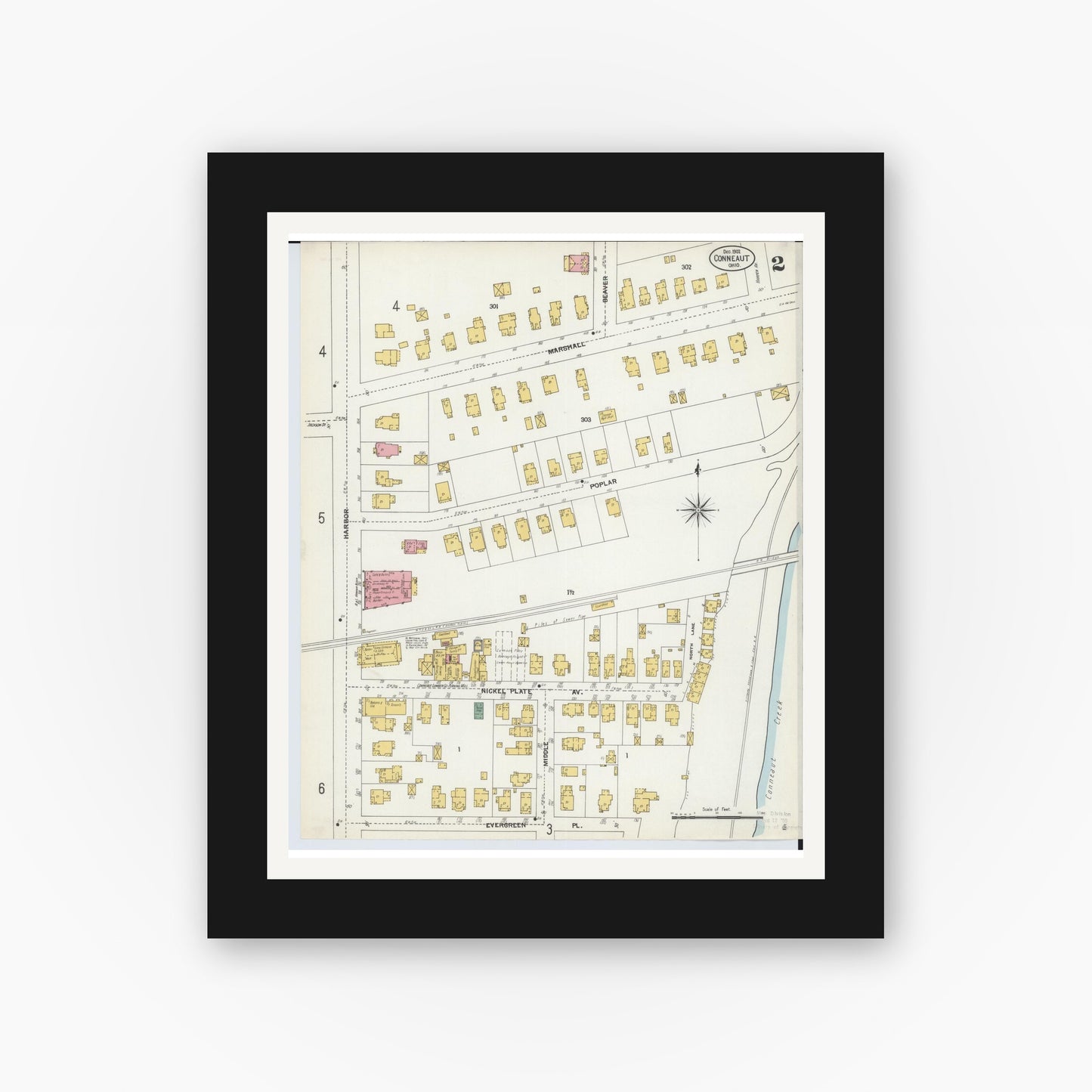 Old map wall art mockup — black gallery frame with white mat — Sanborn Fire Insurance Map from Conneaut, Ashtabula County, Ohio (1902), Sheet #0002