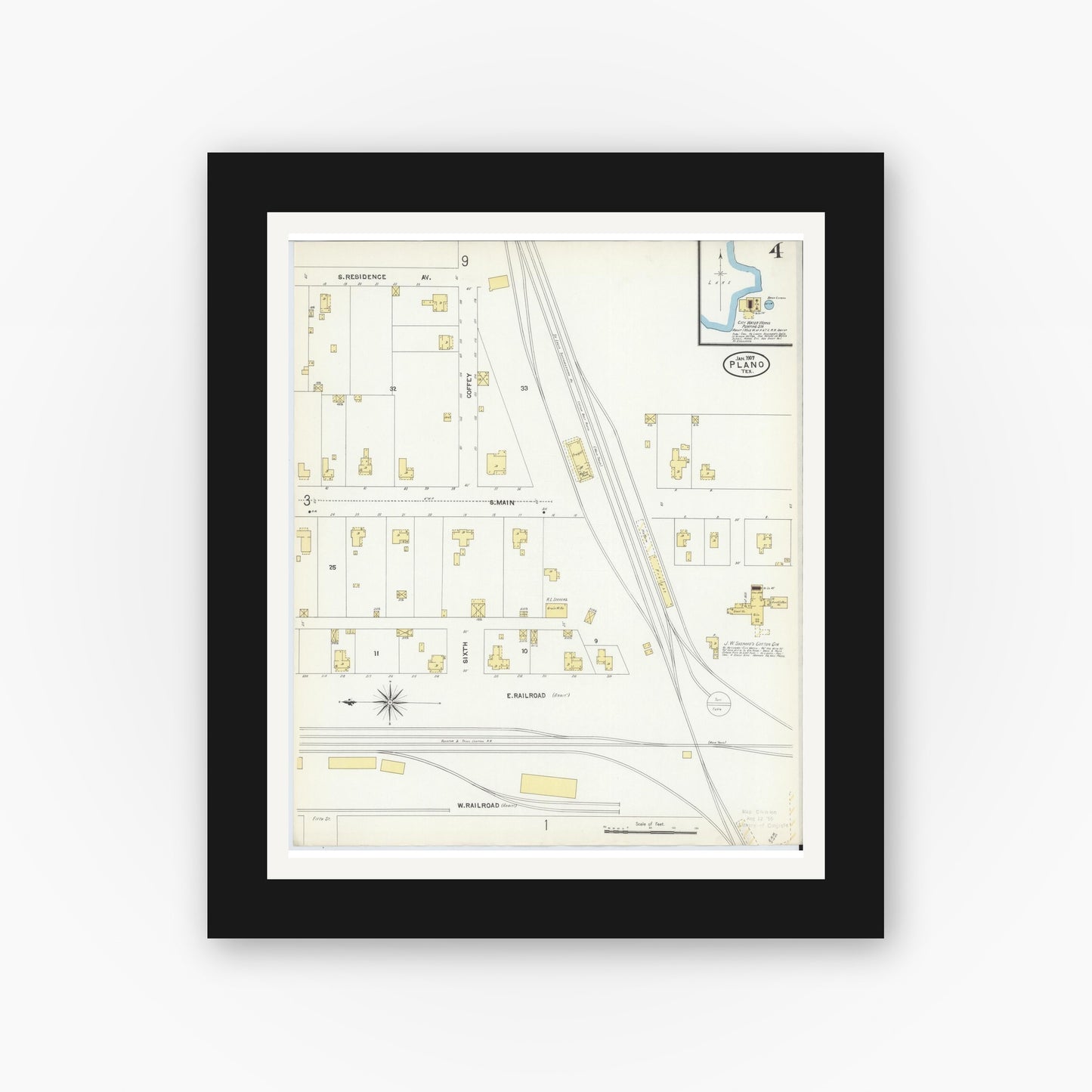 Old map wall art mockup — black gallery frame with white mat — Sanborn Fire Insurance Map from Plano, Collin County, Texas (1907), Sheet #0004