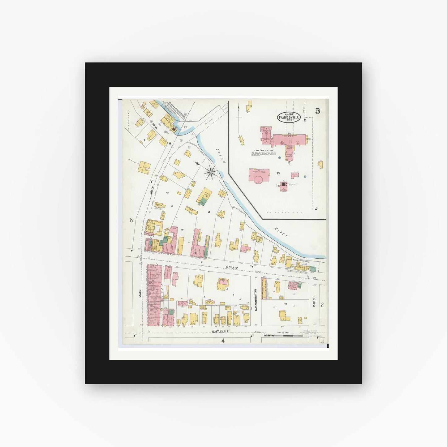 Old map wall art mockup — black gallery frame with white mat — Sanborn Fire Insurance Map from Painesville, Lake County, Ohio (1904), Sheet #0005