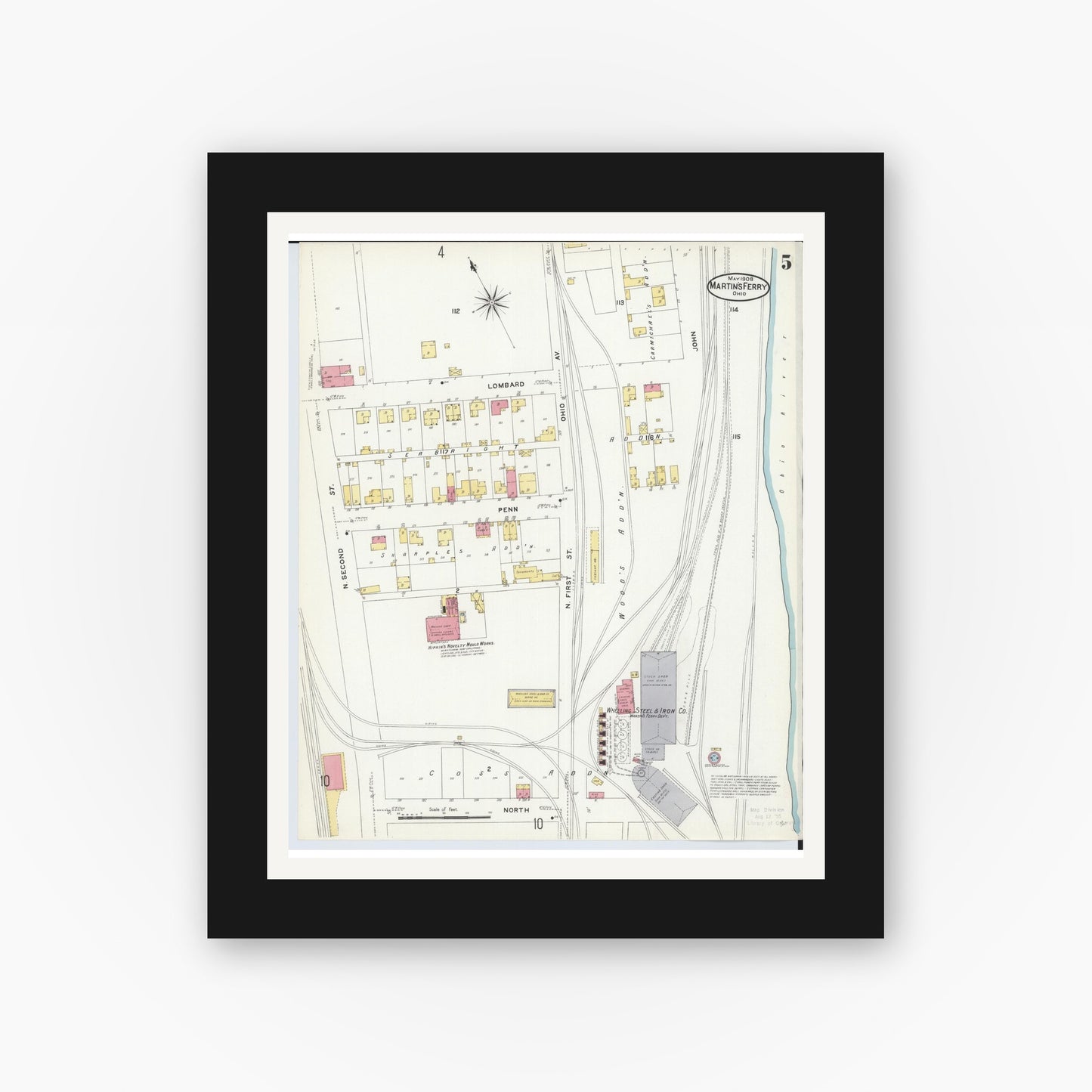 Old map wall art mockup — black gallery frame with white mat — Sanborn Fire Insurance Map from Martins Ferry, Belmont County, Ohio (1908), Sheet #0005