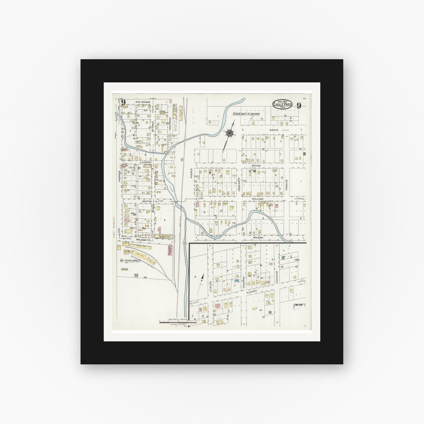 Old map wall art mockup — black gallery frame with white mat — Sanborn Fire Insurance Map from Eagle Pass, Maverick County, Texas (1924), Sheet #0009