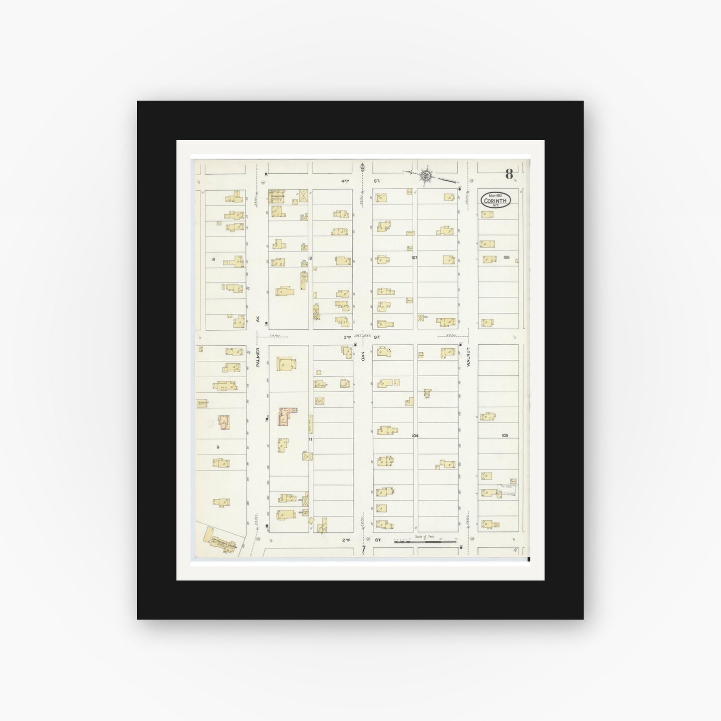 Old map wall art mockup — black gallery frame with white mat — Sanborn Fire Insurance Map from Corinth, Saratoga County, New York (1912), Sheet #0008