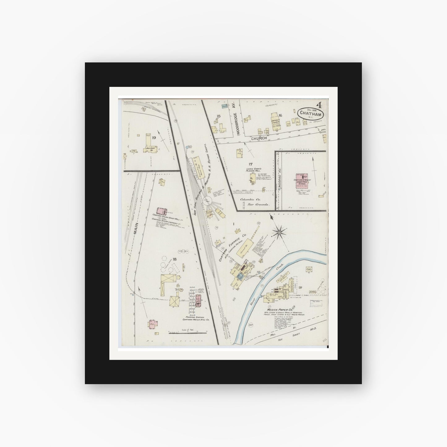 Old map wall art mockup — black gallery frame with white mat — Sanborn Fire Insurance Map from Chatham, Columbia County, New York (1886), Sheet #0004