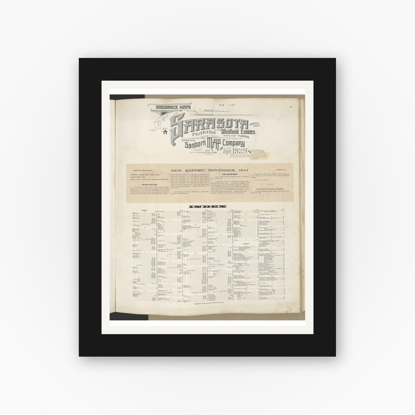 Old map wall art mockup — black gallery frame with white mat — Sanborn Fire Insurance Map from Sarasota, Sarasota County, Florida (1948), Sheet #0001