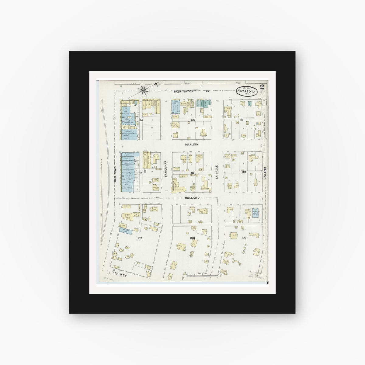 Old map wall art mockup — black gallery frame with white mat — Sanborn Fire Insurance Map from Navasota, Grimes County, Texas (1891), Sheet #0002
