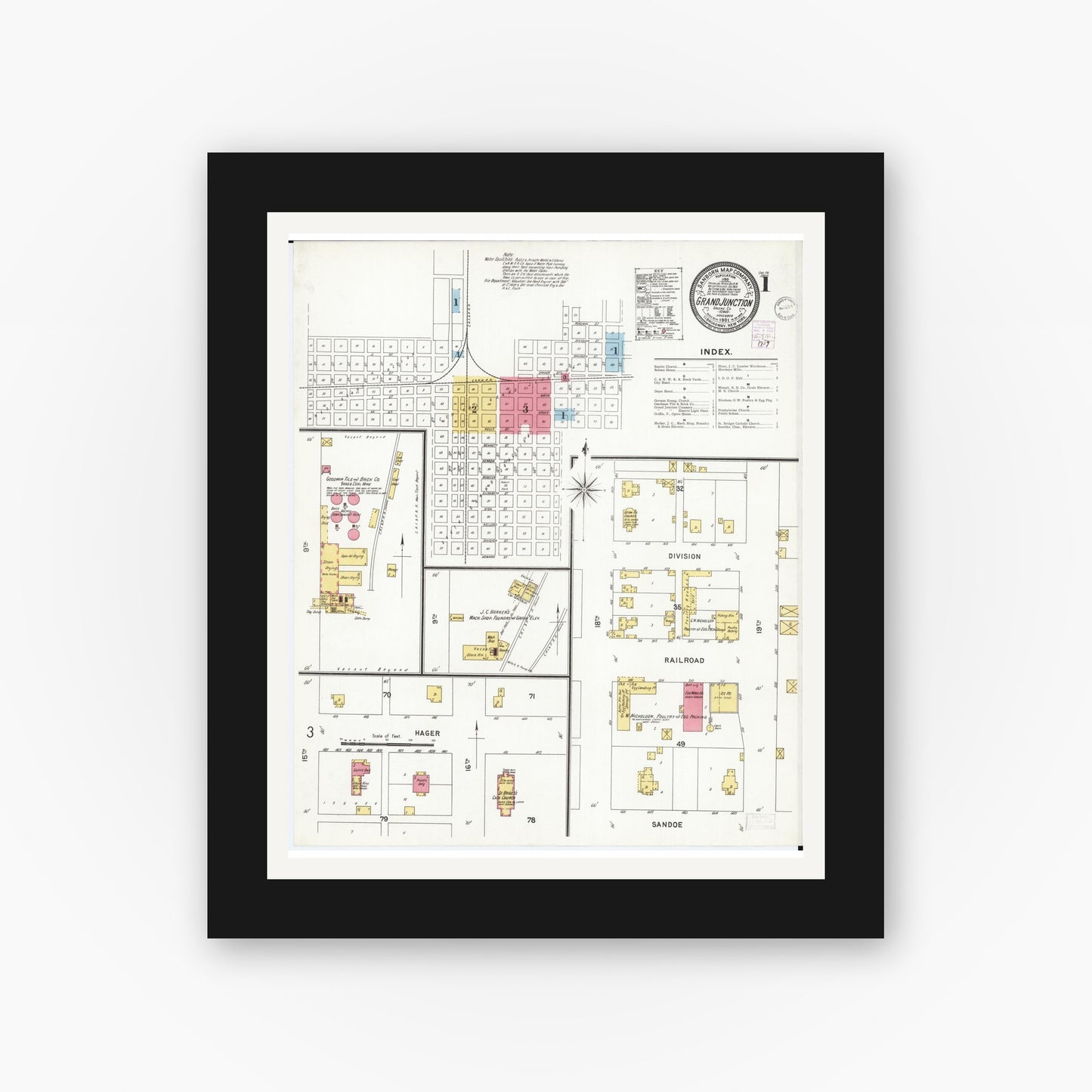 Old map wall art mockup — black gallery frame with white mat — Sanborn Fire Insurance Map from Grand Junction, Greene County, Iowa (1901) — Complete Set