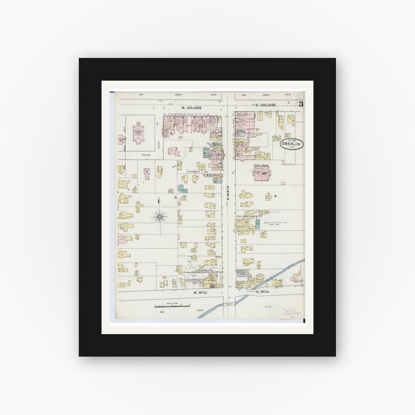 Old map wall art mockup — black gallery frame with white mat — Sanborn Fire Insurance Map from Oberlin, Lorain County, Ohio (1888), Sheet #0003
