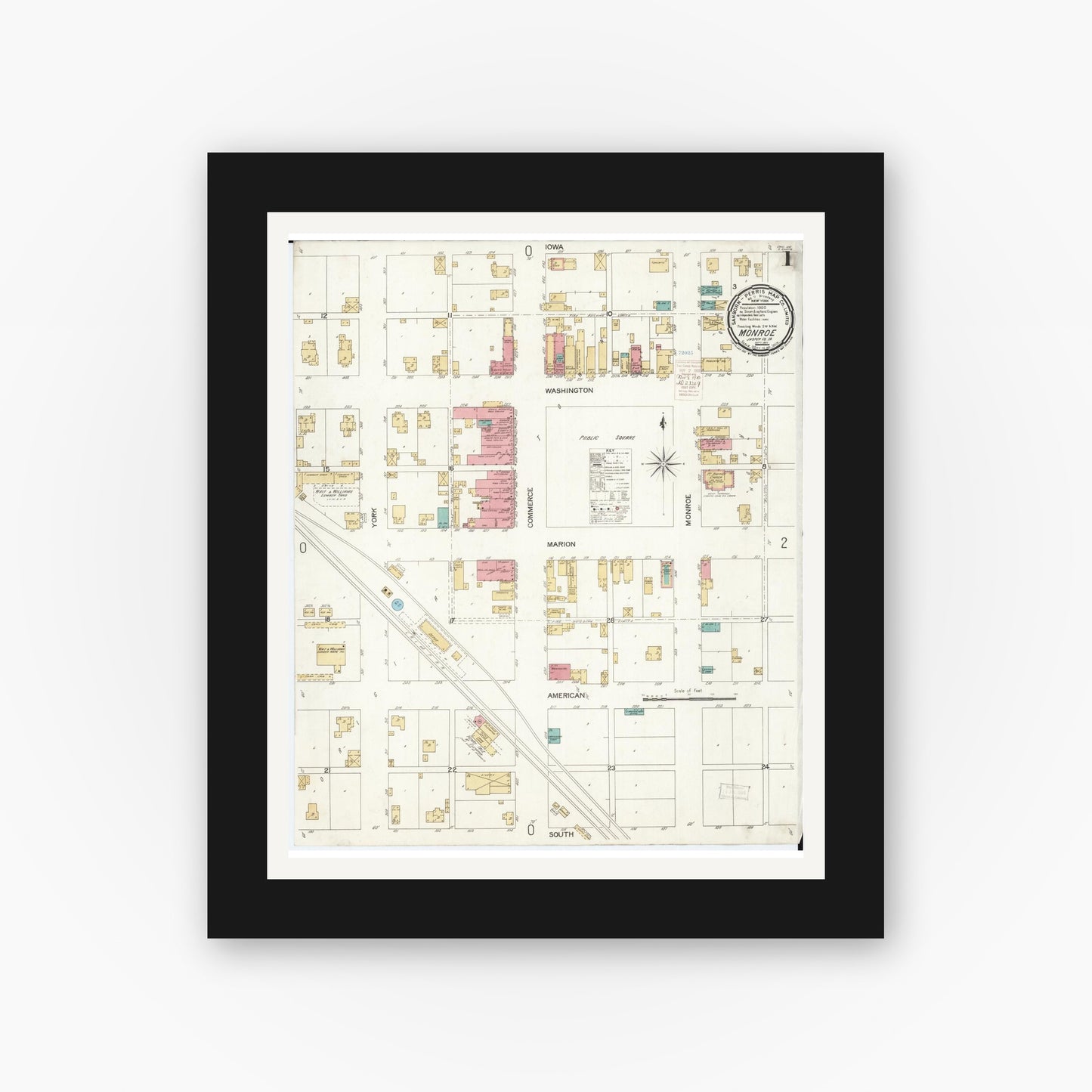 Old map wall art mockup — black gallery frame with white mat — Sanborn Fire Insurance Map from Monroe, Jasper County, Iowa (1900), Sheet #0001