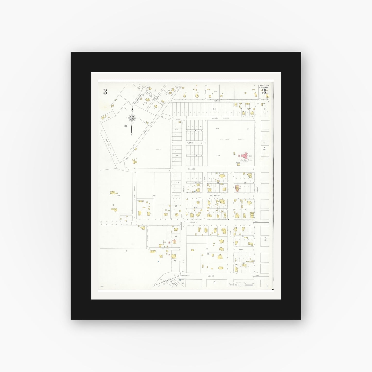 Old map wall art mockup — black gallery frame with white mat — Sanborn Fire Insurance Map from Kyle, Hays County, Texas (1936), Sheet #0003